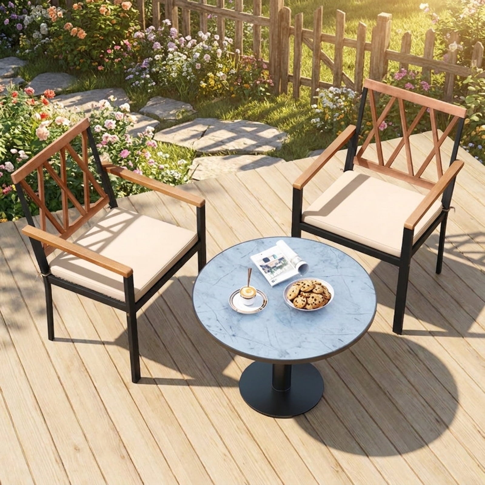 Biotree Set of 2 Patio Dining Chairs with Removable Padded Cushions-18 Inches Stackable Patio Chair for Garden BackyardBlack + Natural