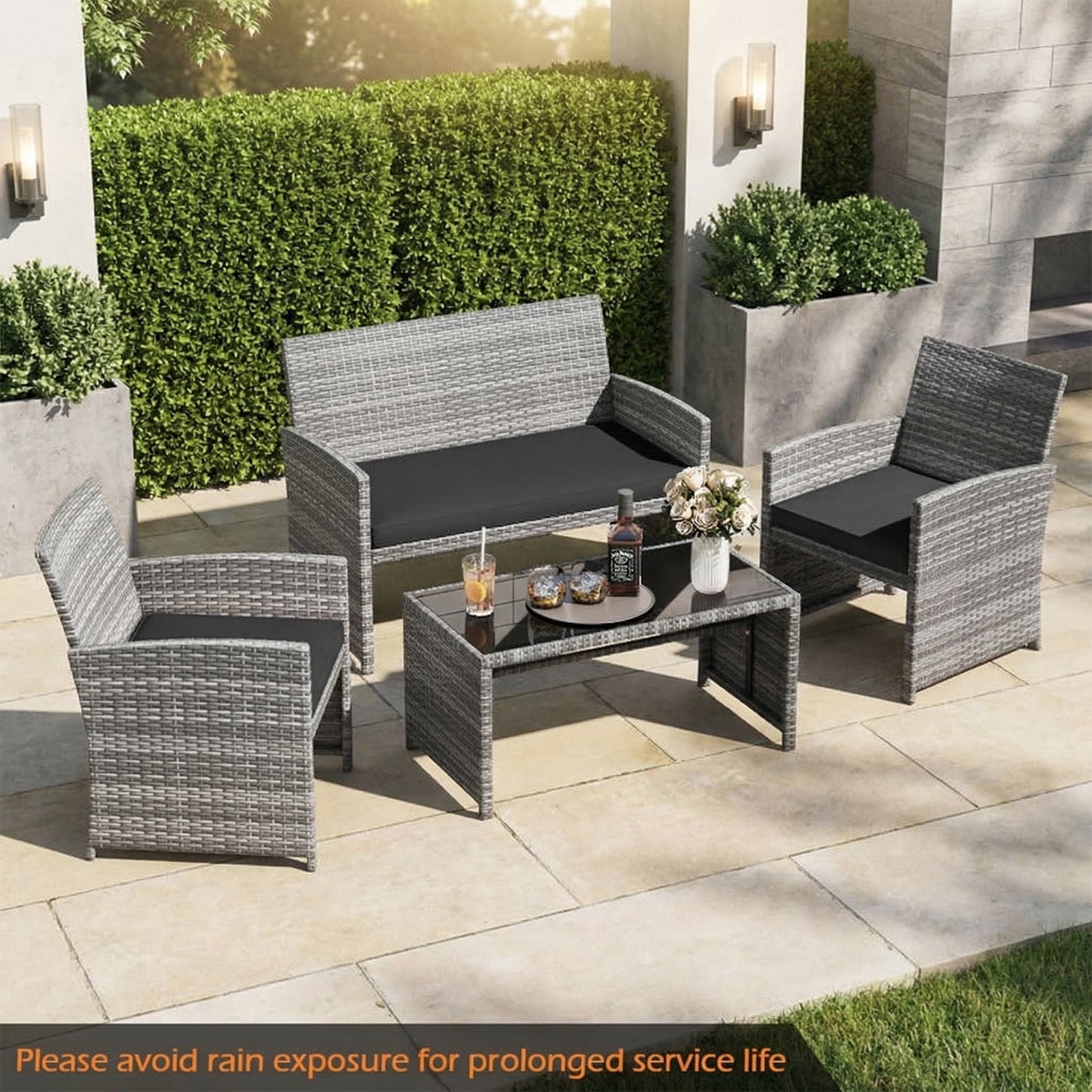 Biotree 4-Piece Patio Rattan Loveseat and Table Set-Black