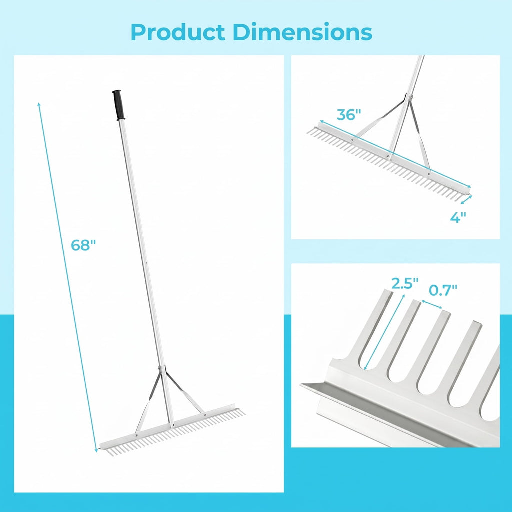 Biotree Aluminum Rake with 36 Inch Wide Rake Head and 68 Inch Long Handle for Lawn Garden Yard Soil Care, Silver