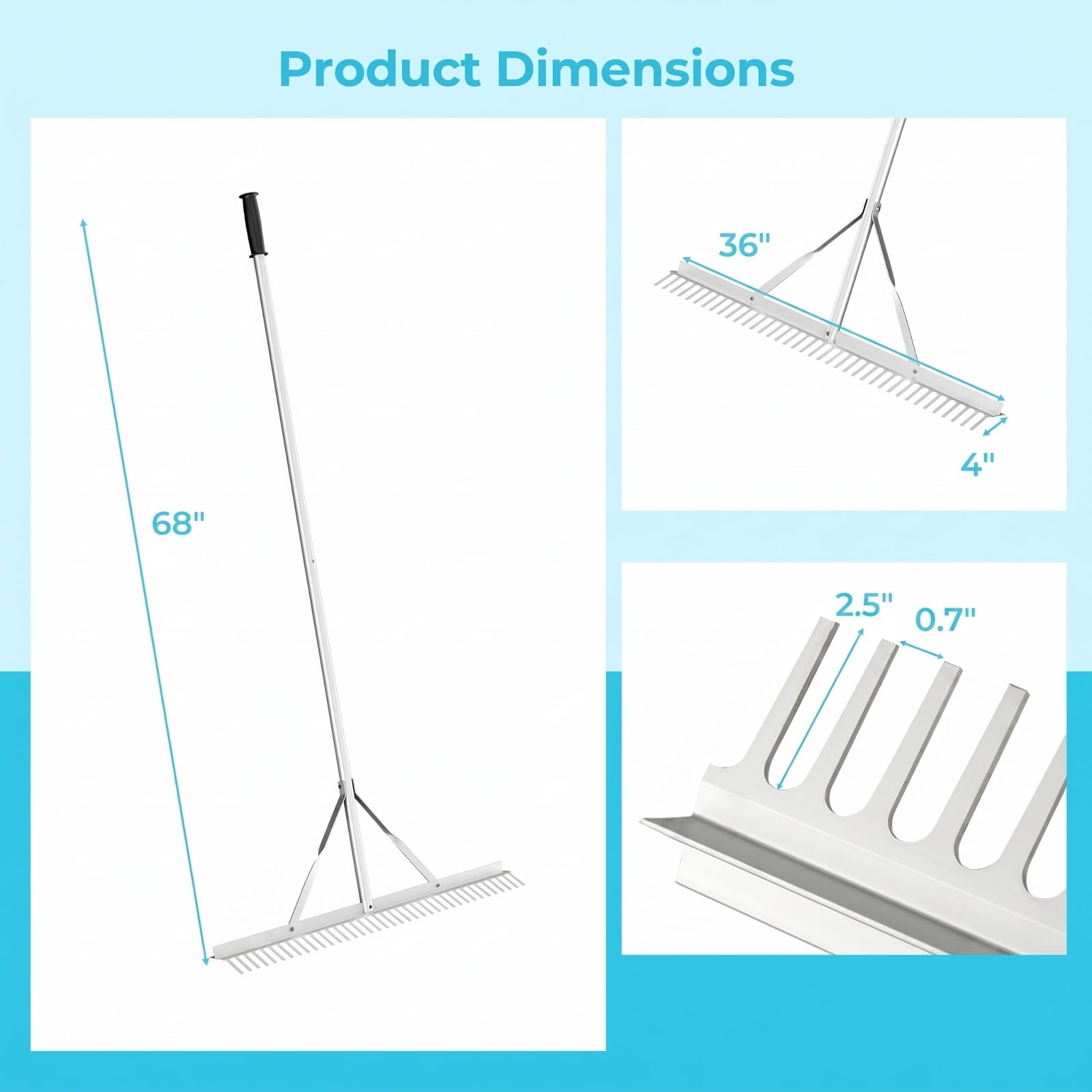 Biotree Aluminum Rake with 36 Inch Wide Rake Head and 68 Inch Long Handle for Lawn Garden Yard Soil Care, Silver
