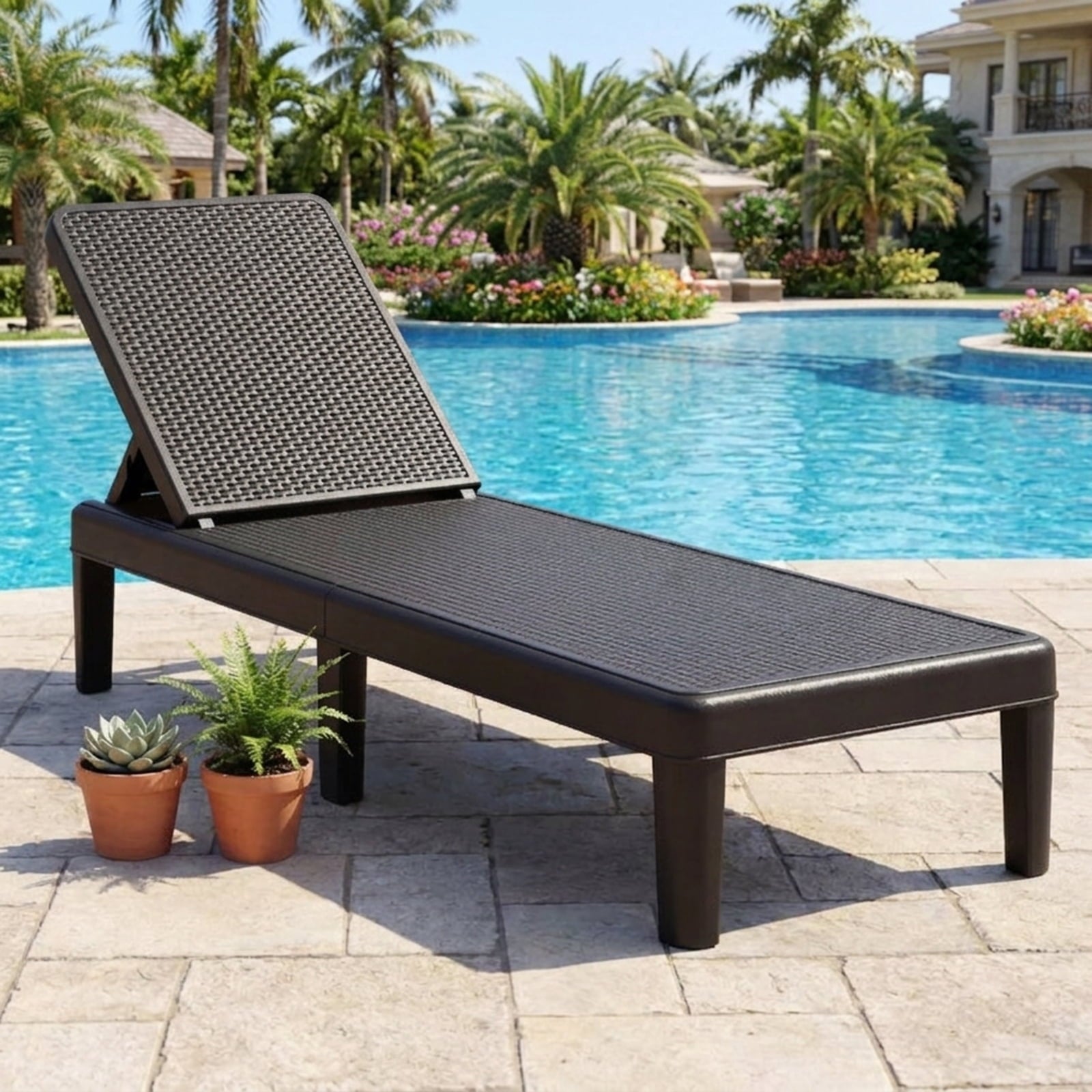 Biotree Outdoor Chaise Lounger Chair with Waterproof Rattan Textured PP Surface and 330 Lbs CapacityBlack