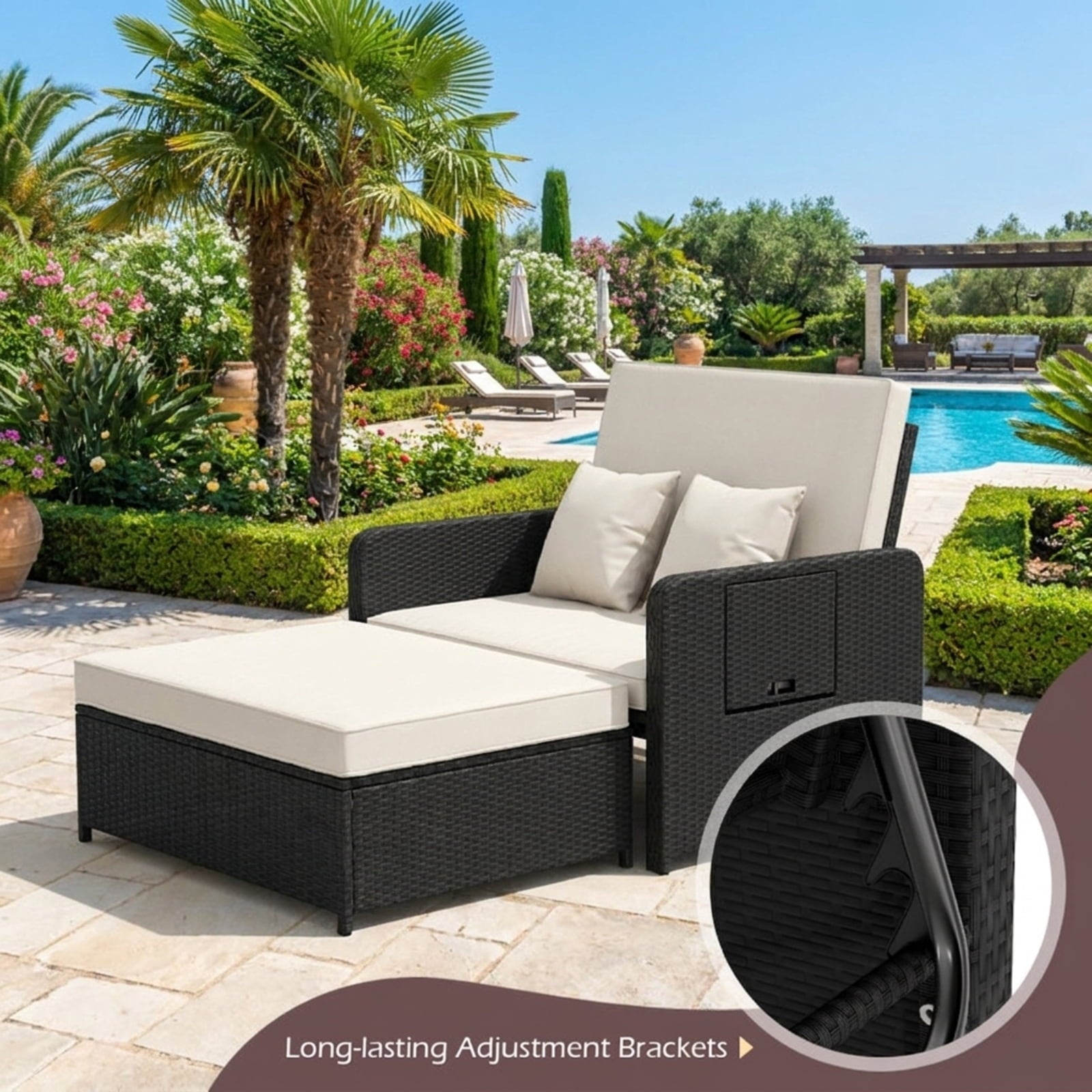 Biotree PE Wicker Outdoor Daybed with 4-Level Adjustable Backrest and Storage Ottoman Outdoor Conversation Set for Garden Backyard PorchWhite