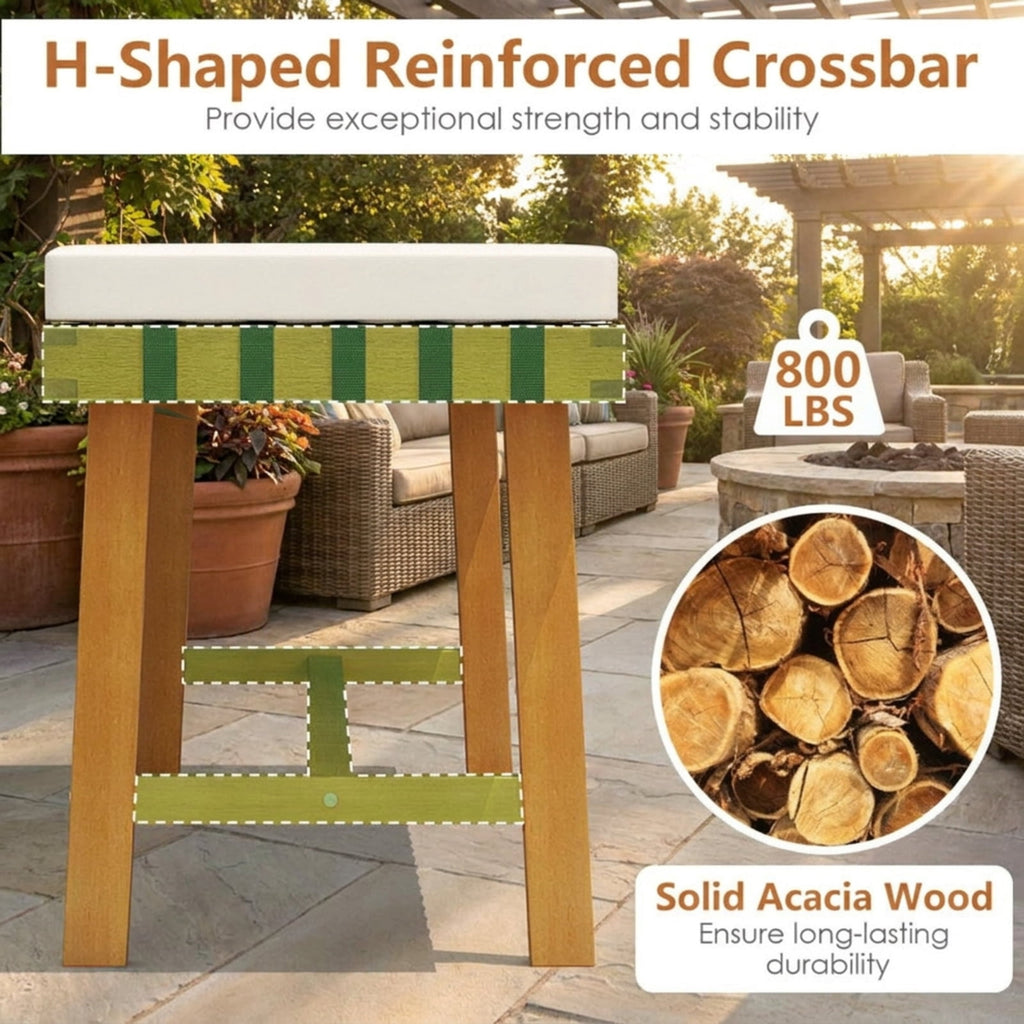 Biotree 48 Inch Acacia Wood Outdoor Bench with Thick Padded Seat Cushion Stackable Patio Chair for Garden BackyardNatural+Off White