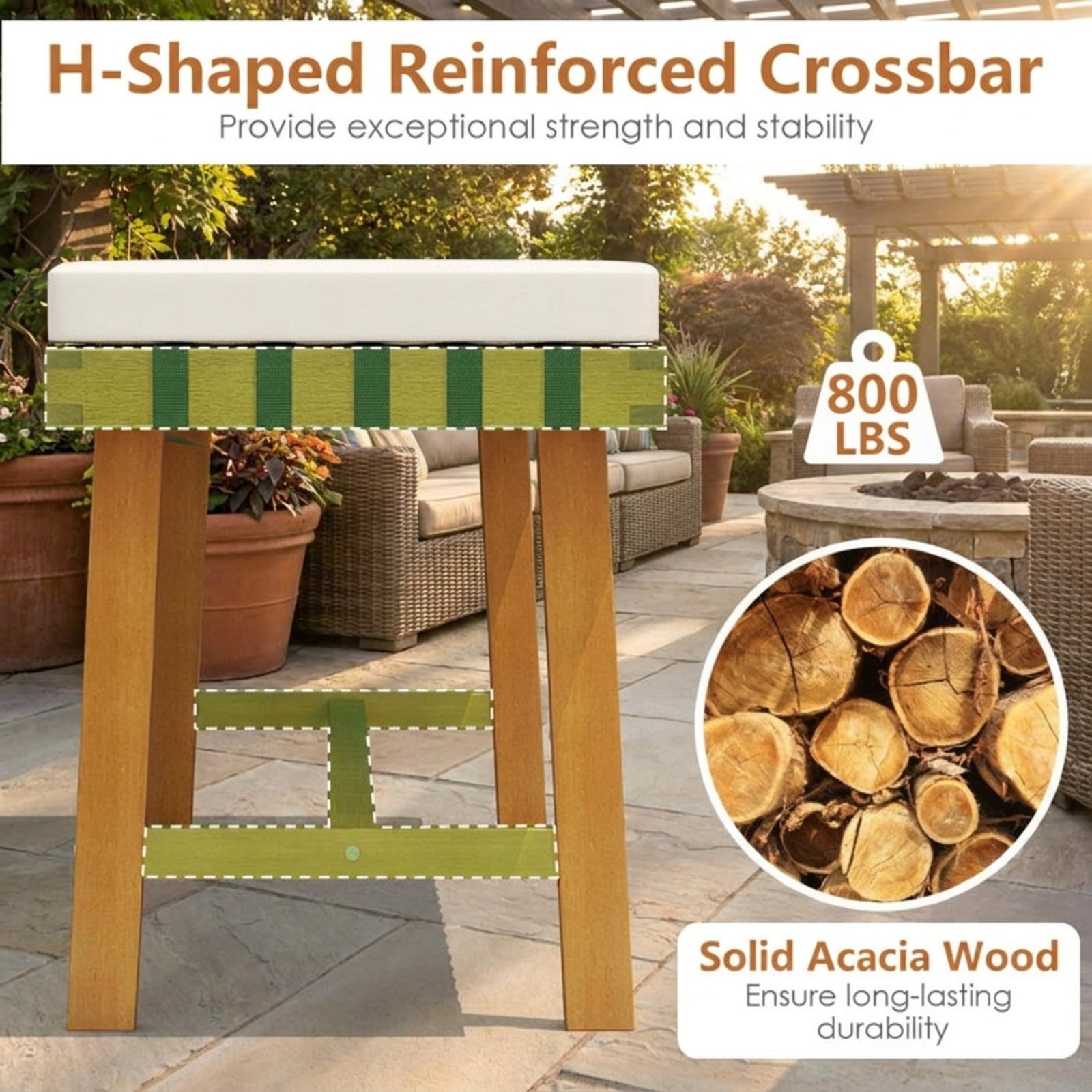Biotree 48 Inch Acacia Wood Outdoor Bench with Thick Padded Seat Cushion Stackable Patio Chair for Garden BackyardNatural+Off White