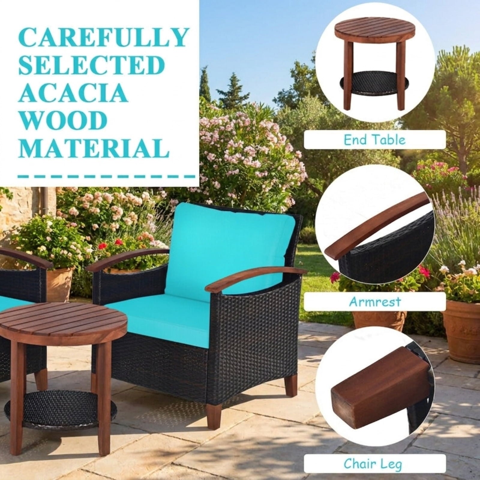 Biotree 3 Pieces Patio Rattan Furniture Set with Washable Cushion and Acacia Wood TabletopTurquoise