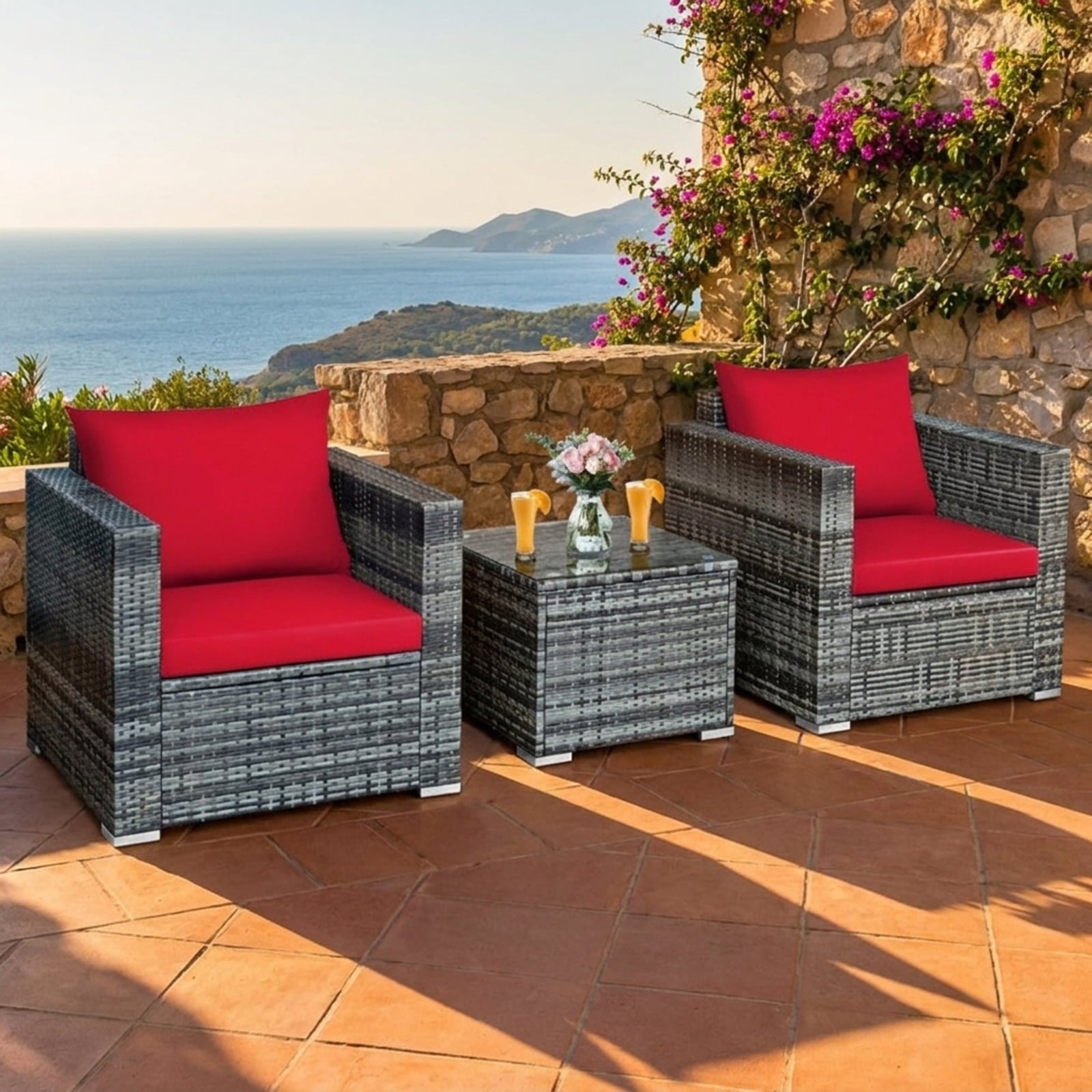 Biotree 3 Pcs Patio Rattan Furniture Bistro Sofa Set with Cushioned Outdoor Conversation Set for Garden Backyard PorchRed