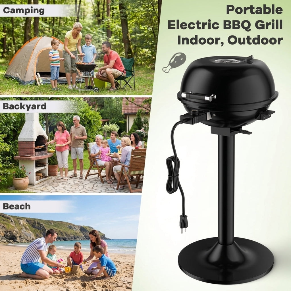Biotree 1600W Portable Electric BBQ Grill with Temperature Control Grease Collector, Smokeless Tabletop BBQ Cooker for Backyard Patio Camping Black