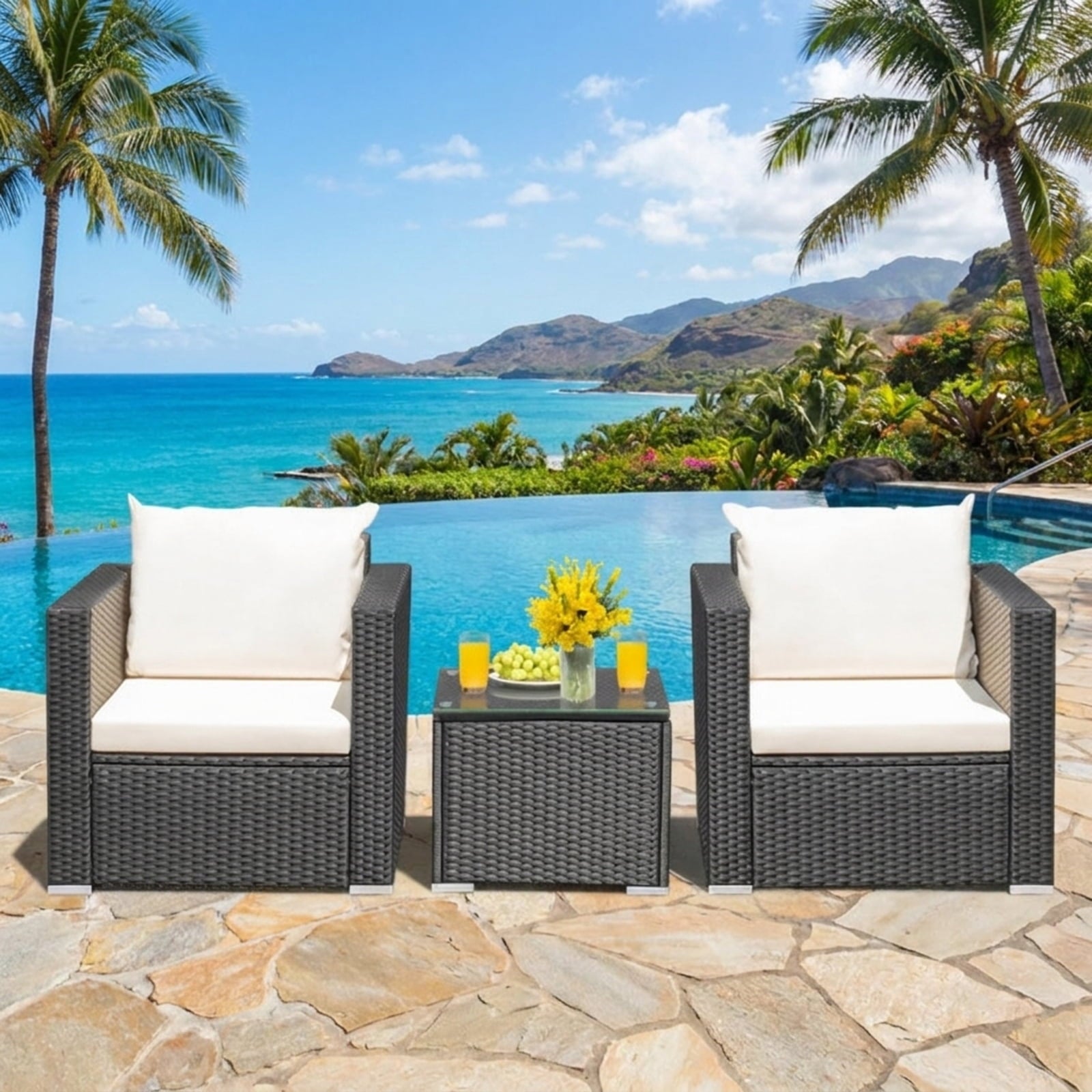 Biotree 3 Pieces Patio Wicker Conversation Set with Cushion Outdoor Conversation Set for Garden Backyard PorchWhite