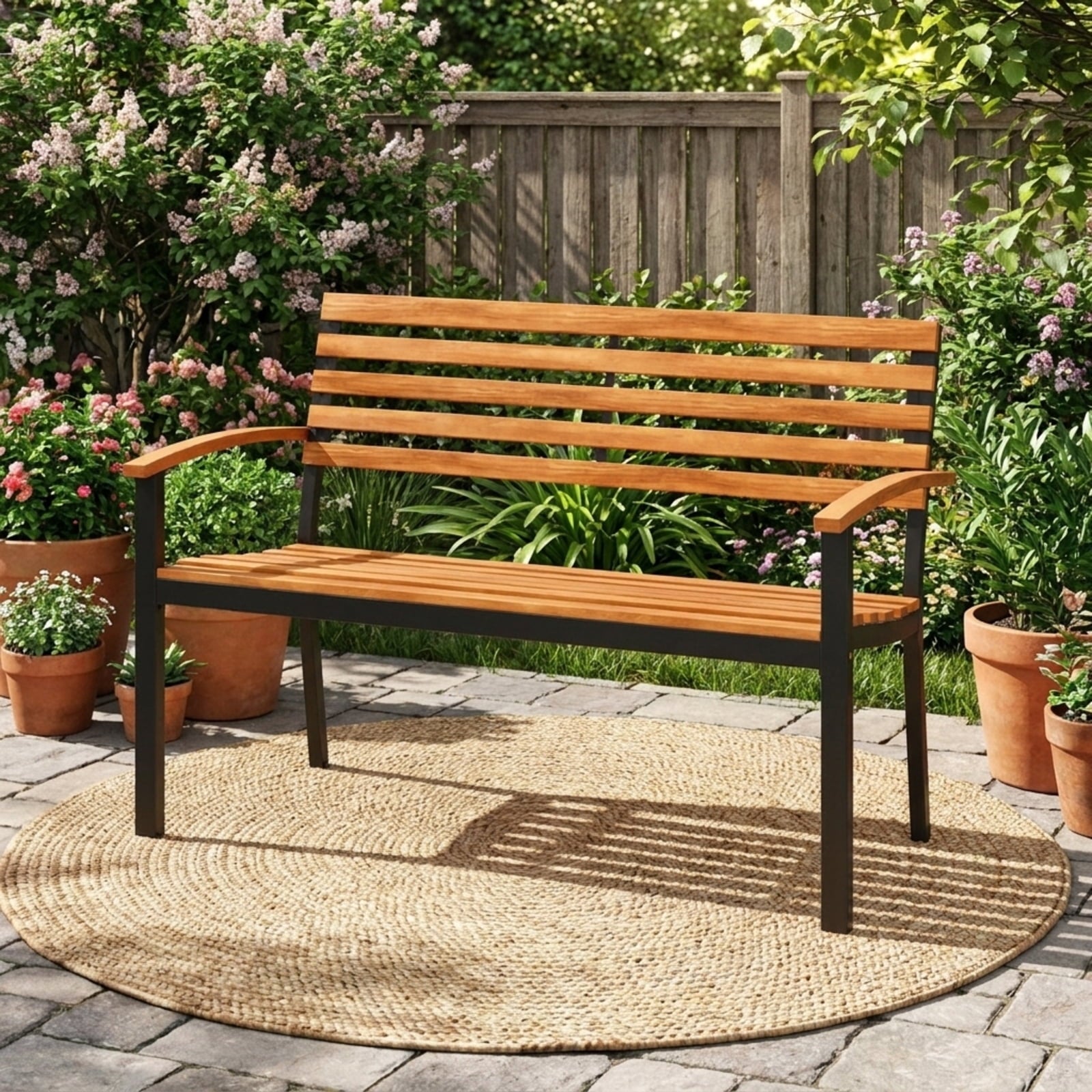 Biotree Outdoor Bench Acacia Wood Patio Loveseat with Backrest Armrests Stackable Patio Chair for Garden BackyardBlack + Natural