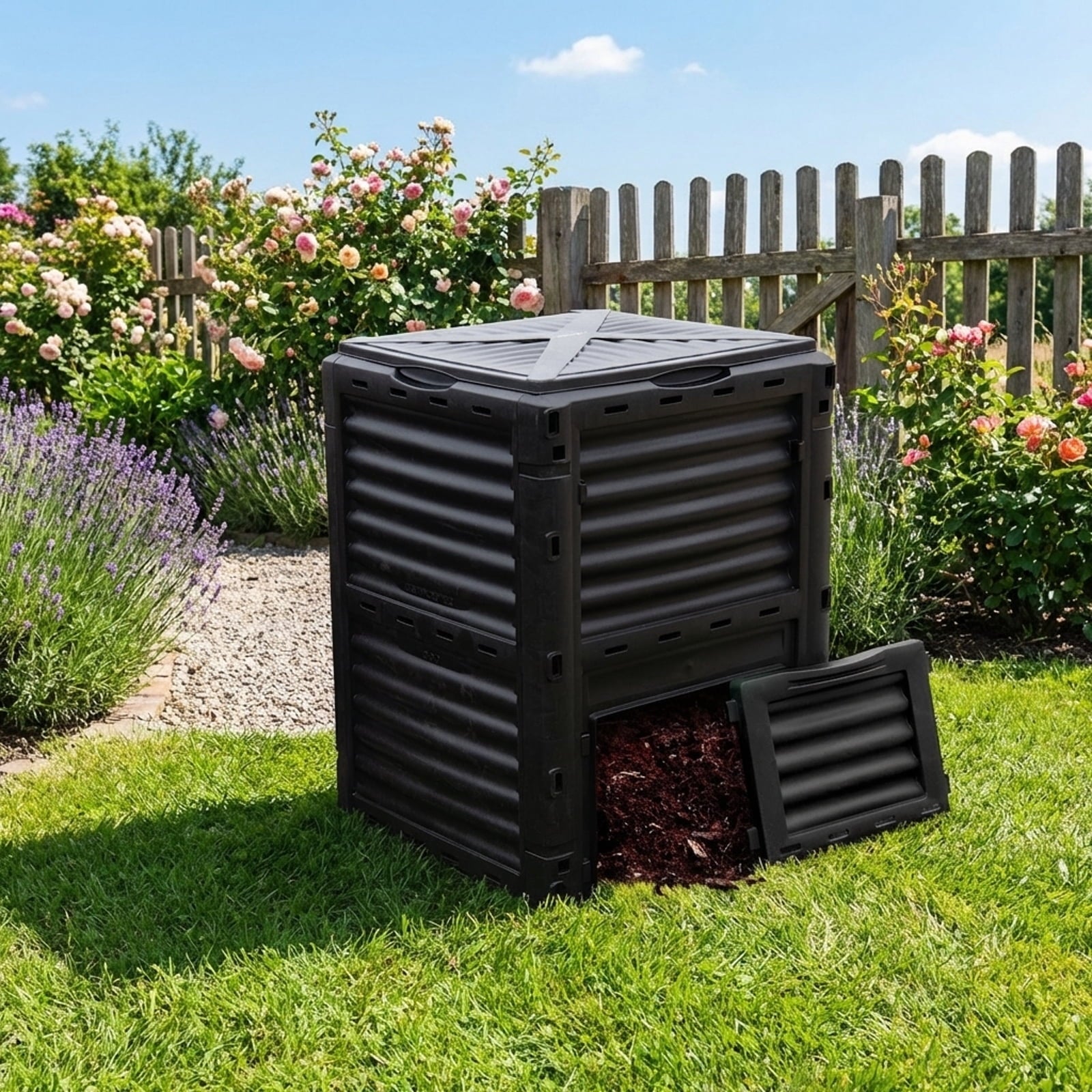 Biotree 80-Gallon Outdoor Composter with Large Openable Lid and Bottom Exit Door-Black Garden Organic