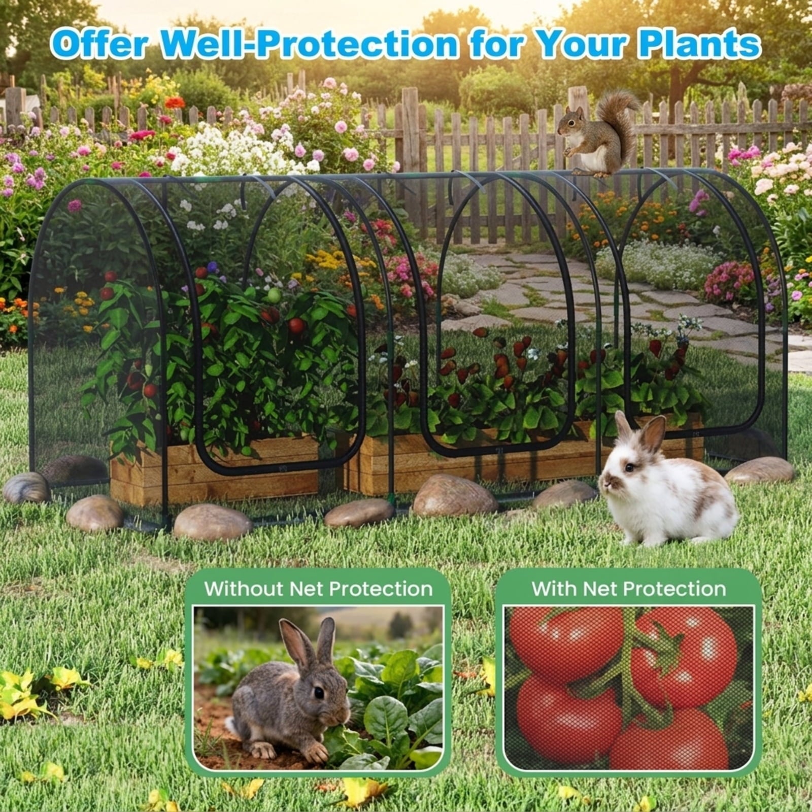 Biotree Tunnel Crop Cage Large Portable Plant Protection Tent with 3 Roll for Outdoor Garden Backyard Patio Vegetables Flowers, Green