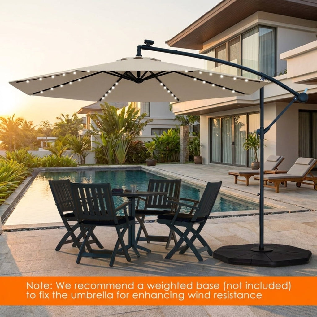 Biotree 10 ft Solar Offset Hanging Umbrella with 40 LED Lights Cross Base and 180G Polyester Canopy for Deck Garden Backyard - Tan