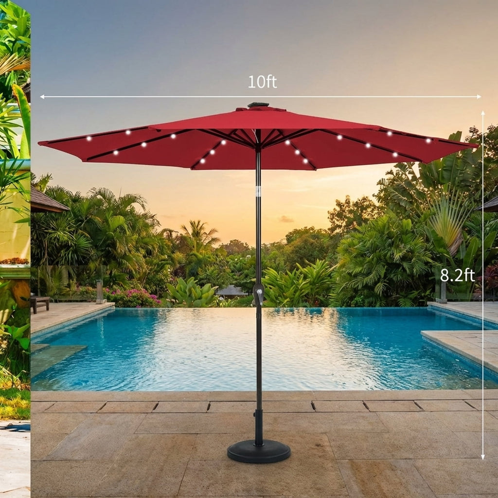 Biotree 10 Solar LED Lighted Patio Market Umbrella Shade Tilt Adjustment Crank-Dark Red Outdoor Backyard