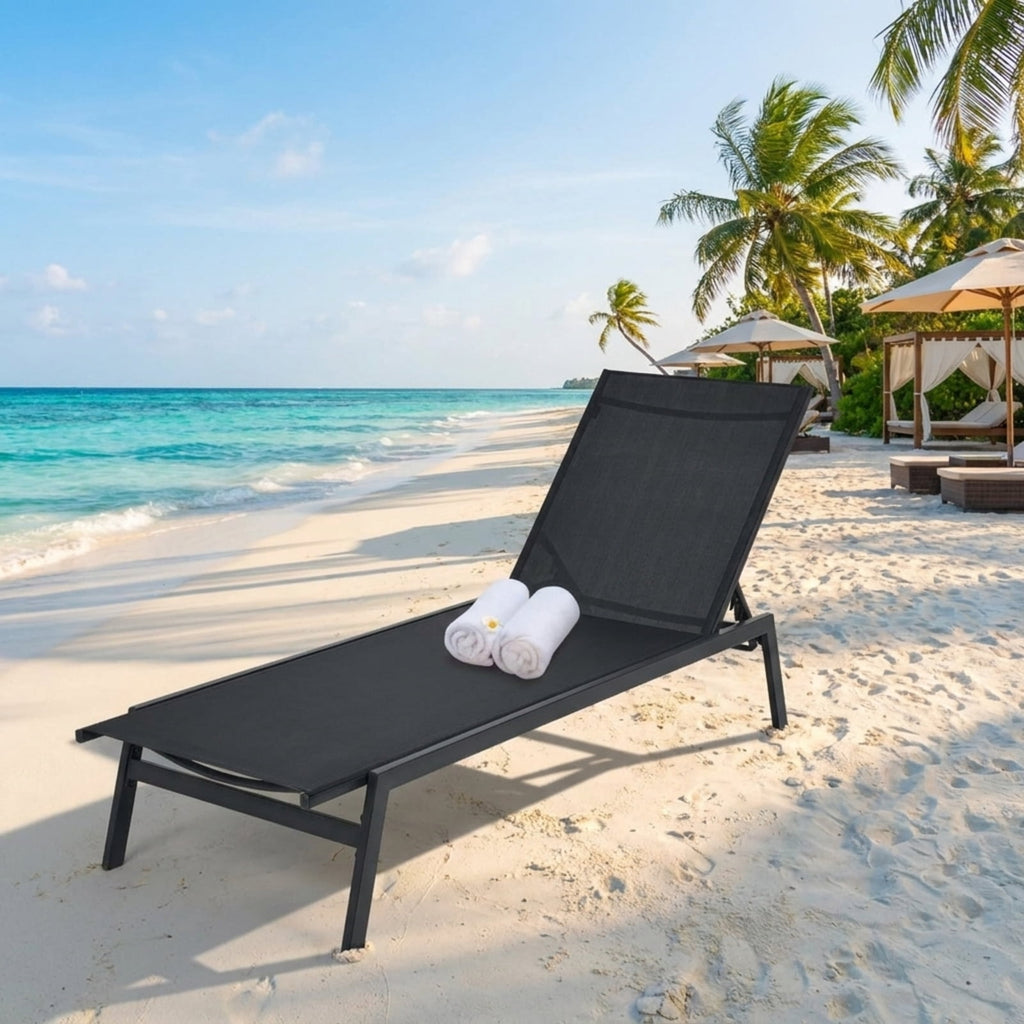 Biotree Outdoor Reclining Chaise Lounge Chair with 6-Position Adjustable Back Stackable Patio Chair for Garden BackyardBlack