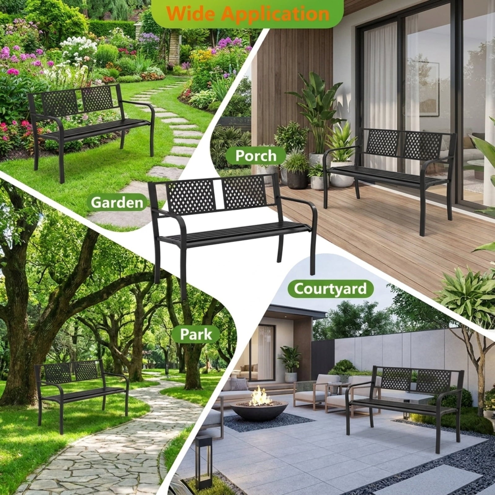 Biotree Outdoor Bench Metal Loveseat Patio Bench for 2-3-Person Stackable Patio Chair for Garden BackyardBlack