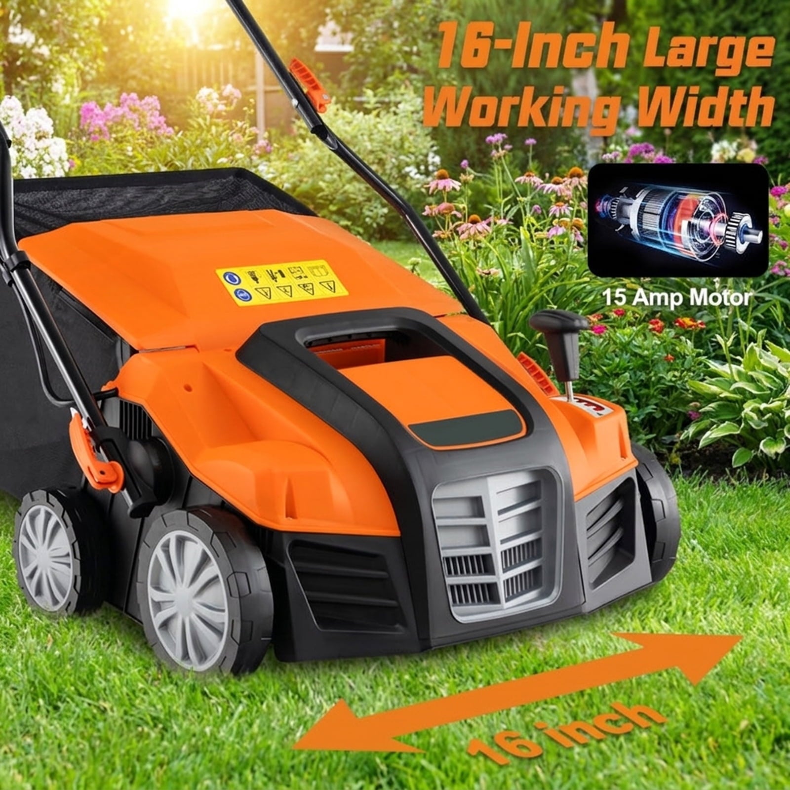 Biotree 16-Inch Electric Lawn Dethatcher and Scarifier with Collection Bag for Lawn Garden Yard Soil Care, Orange
