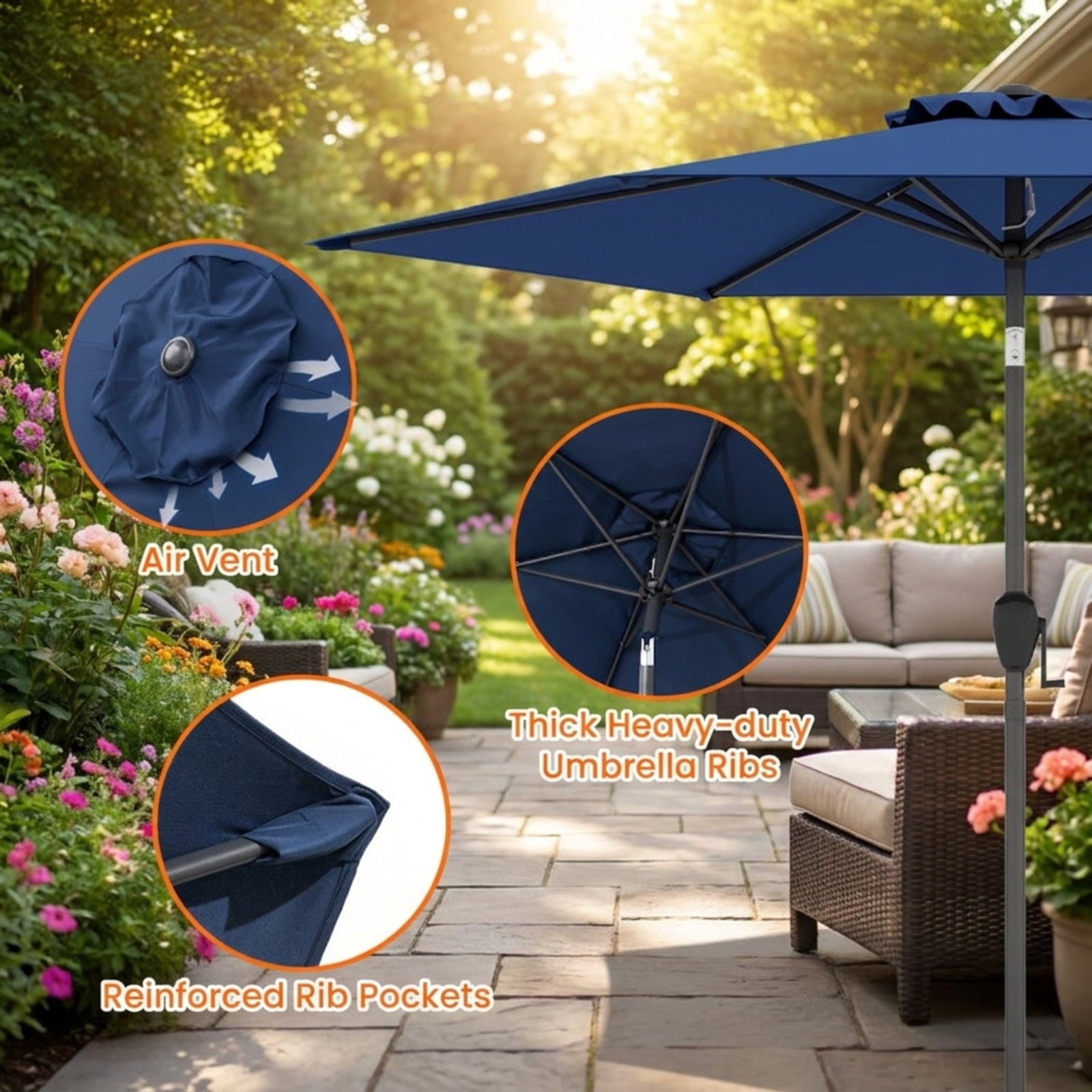 Biotree 7.5 FT Patio Umbrella, Outdoor Patio Heavy Duty Market Umbrella with Push Button Tilt for Patio Garden Backyard Pool, Navy