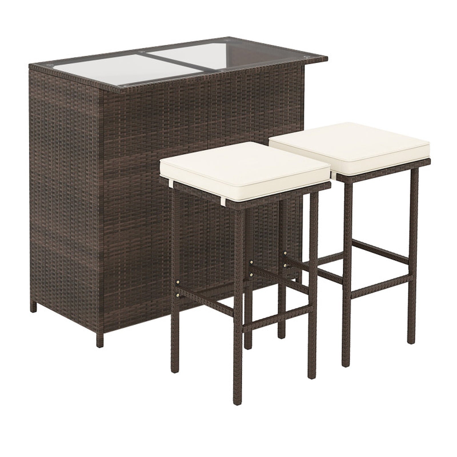 Biotree 3-Piece Patio Rattan Bar Set with Glass Table and Cushioned Stools, White - Outdoor Patio Bar Height Furniture Set for Deck Garden