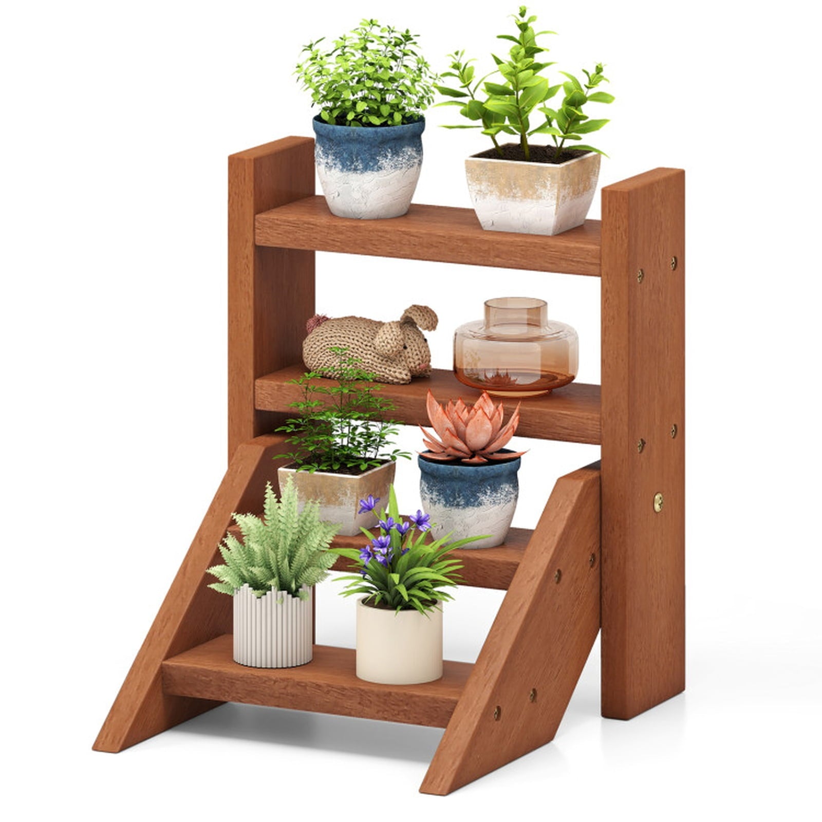 Biotree 4-Tier Solid Wood Plant Stand, Ladder Flower Shelf for Succulents and Small Pots, Waterproof Teak Oil Finish, Compact Indoor Outdoor Display Rack for Window Sill, Desktop and Balcony, Natural