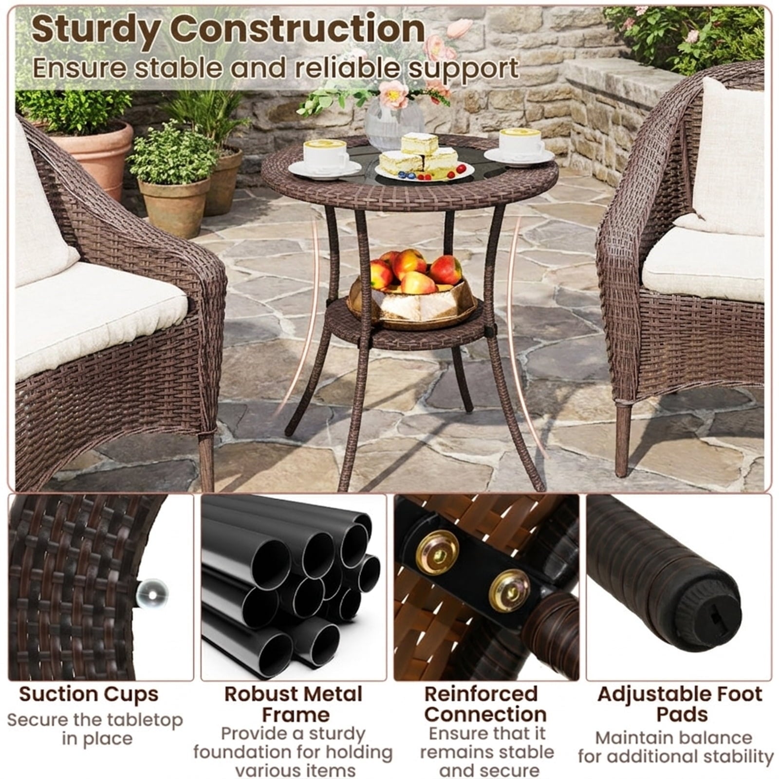 Biotree 25.5-Inch PE Wicker Patio Bistro Table Round with Tempered Glass Top and Shelf, Black