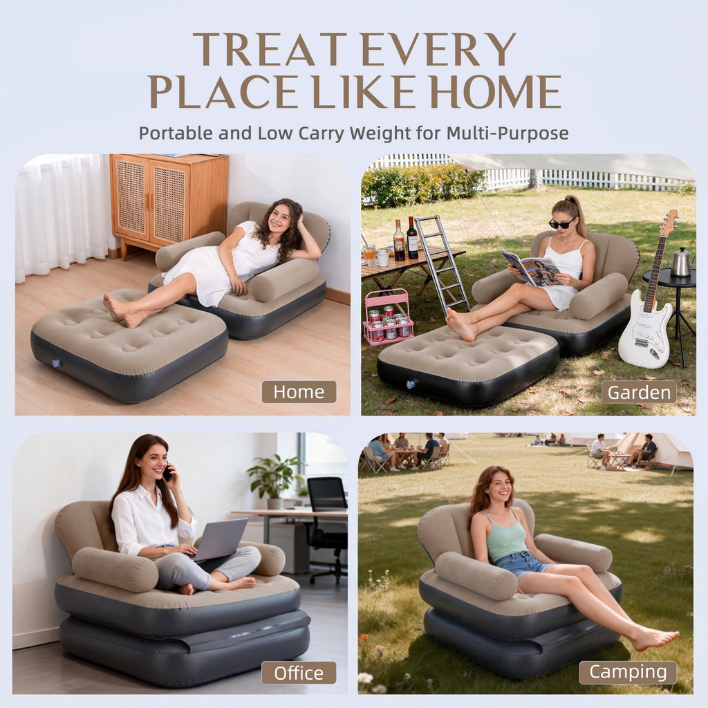 Biotree Inflatable Sofa Bed, 5-in-1 Foldable Thickened Flocked PVC Blow up Sofa with 2 Pumps, Air Couch Mattress for Camping,Brown