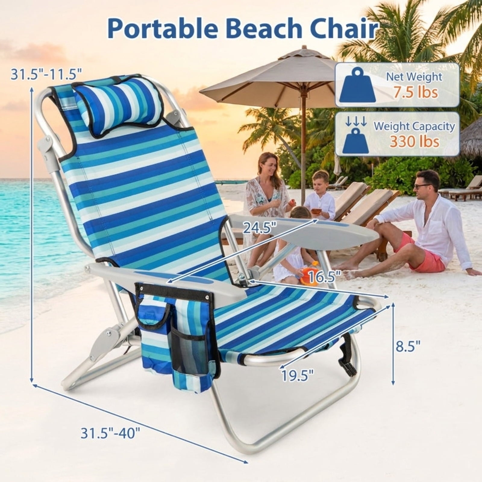 Biotree Set of 2 Folding Beach Chair for Adults with 4-Position Adjustable Backrest Stackable Patio Chair for Garden BackyardBlue