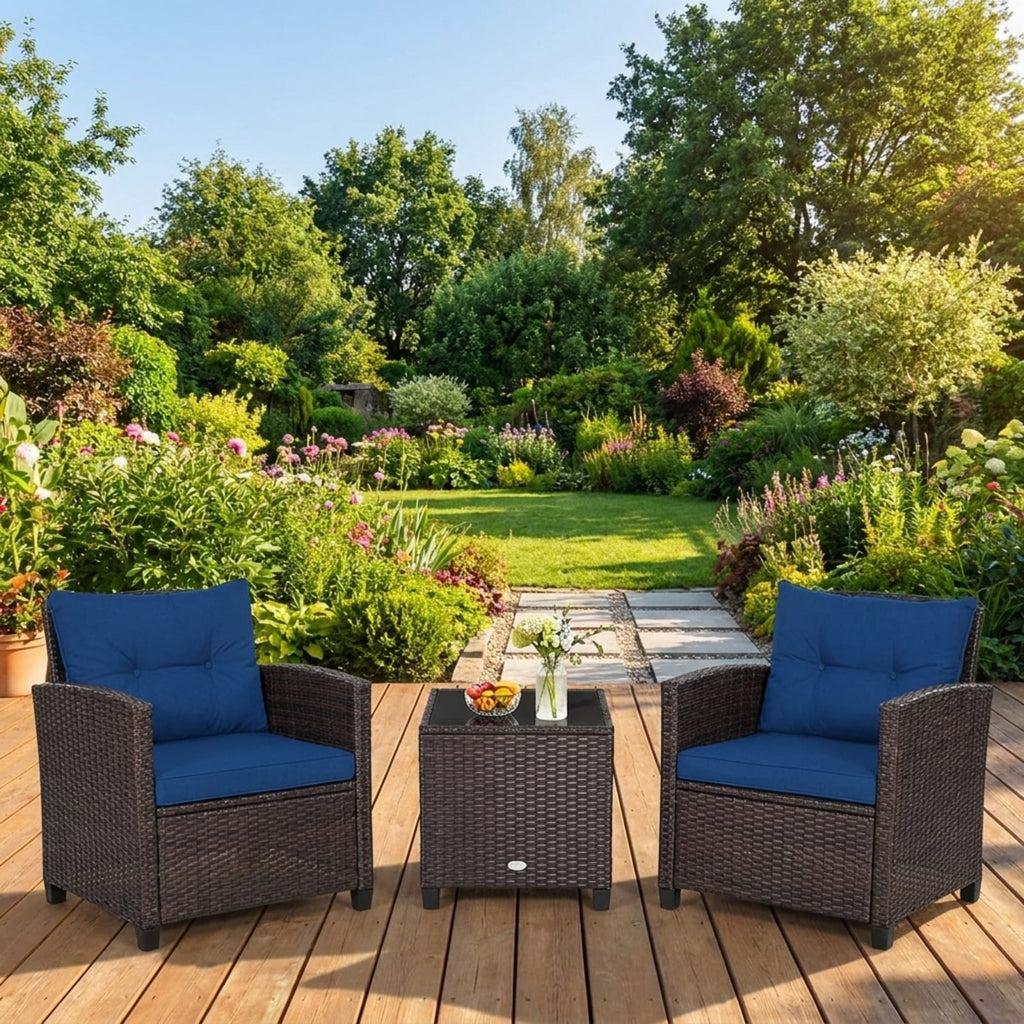 Biotree 3 Pcs Patio Rattan Furniture Set Cushioned Conversation Set Coffee Table Outdoor Conversation Set for Garden Backyard PorchNavy