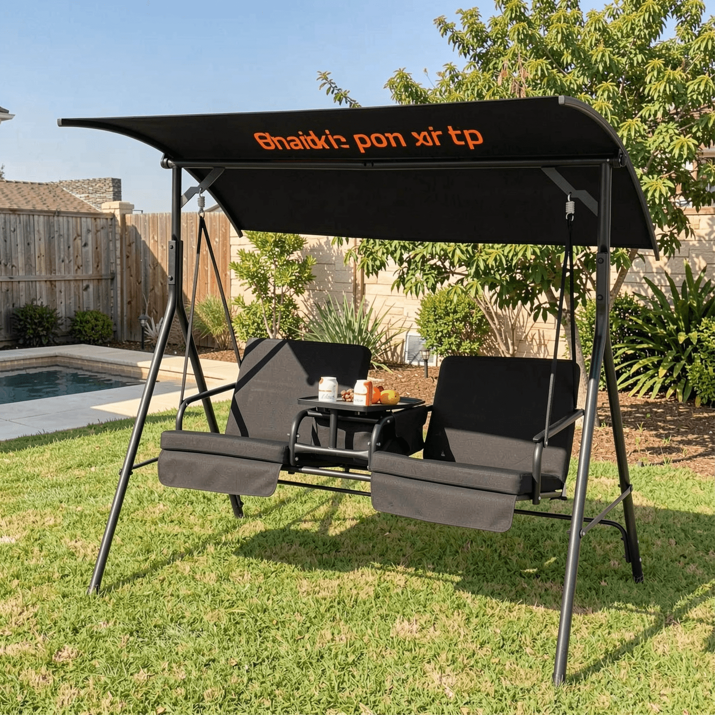 Biotree Porch Swing Chair with Adjustable Canopy and Rotatable Side Tray, 265 LBS Capacity Patio Hammock Glider Bench Cooler Bag for Garden Yard Deck, Black