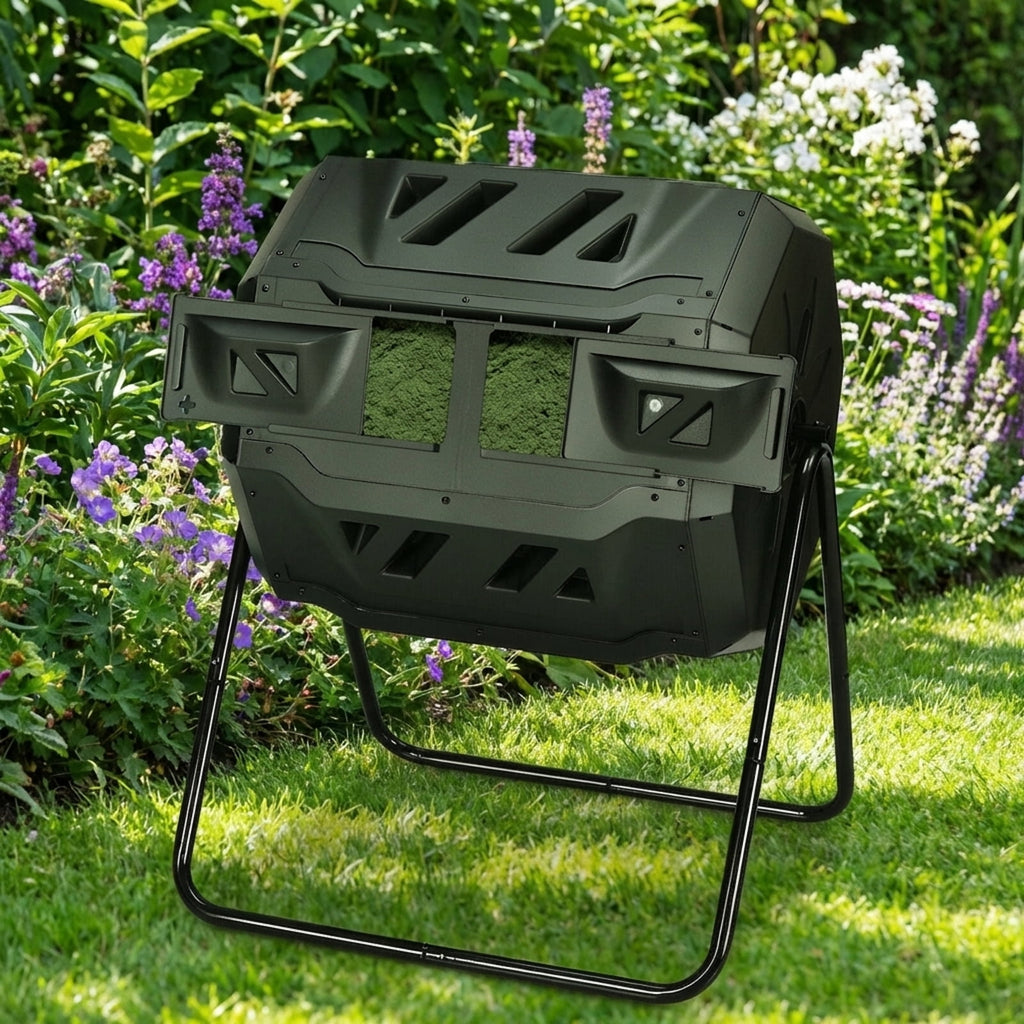 Biotree 43 Gallon Composting Tumbler Compost Bin with Dual Rotating Chamber Outdoor Garden Organic Yard