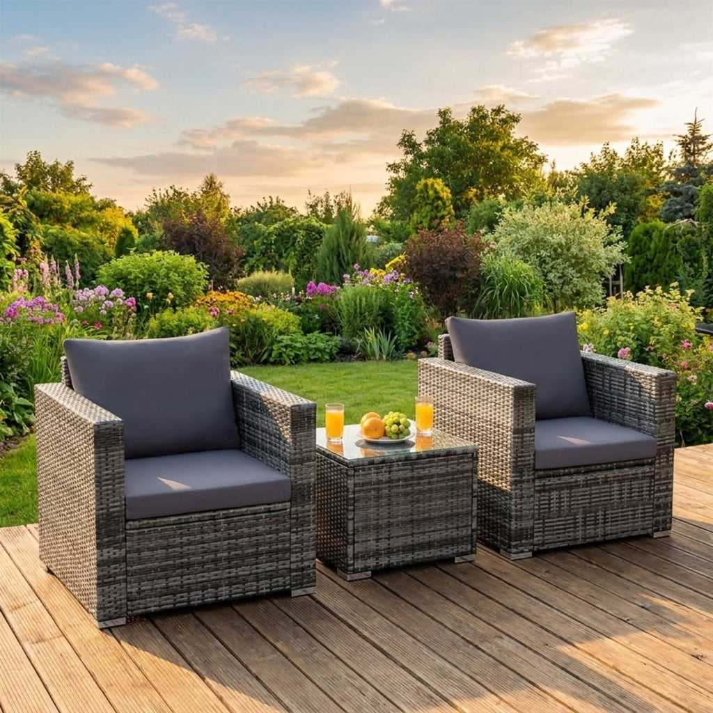 Biotree 3 Pcs Patio Rattan Furniture Bistro Sofa Set with Cushioned Outdoor Conversation Set for Garden Backyard PorchGray