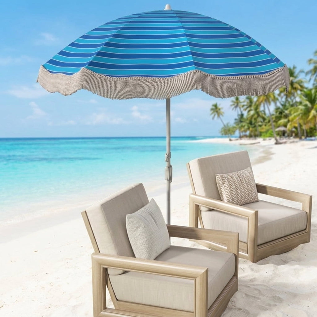 Biotree 6 ft Beach Tassel Fringe Patio Umbrella Crank Tilt Outdoor Shade - Blue - UV Protection with Cross Base