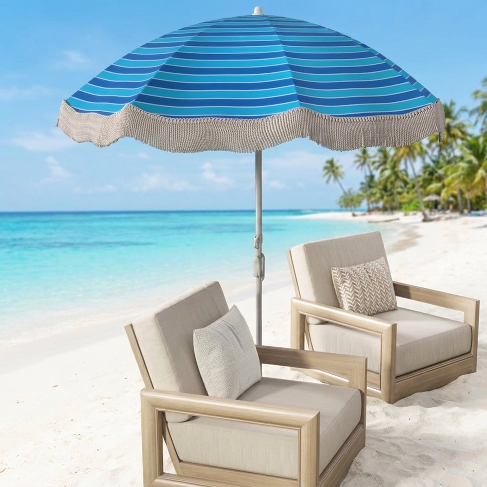 Biotree 6 ft Beach Tassel Fringe Patio Umbrella Crank Tilt Outdoor Shade - Blue - UV Protection with Cross Base