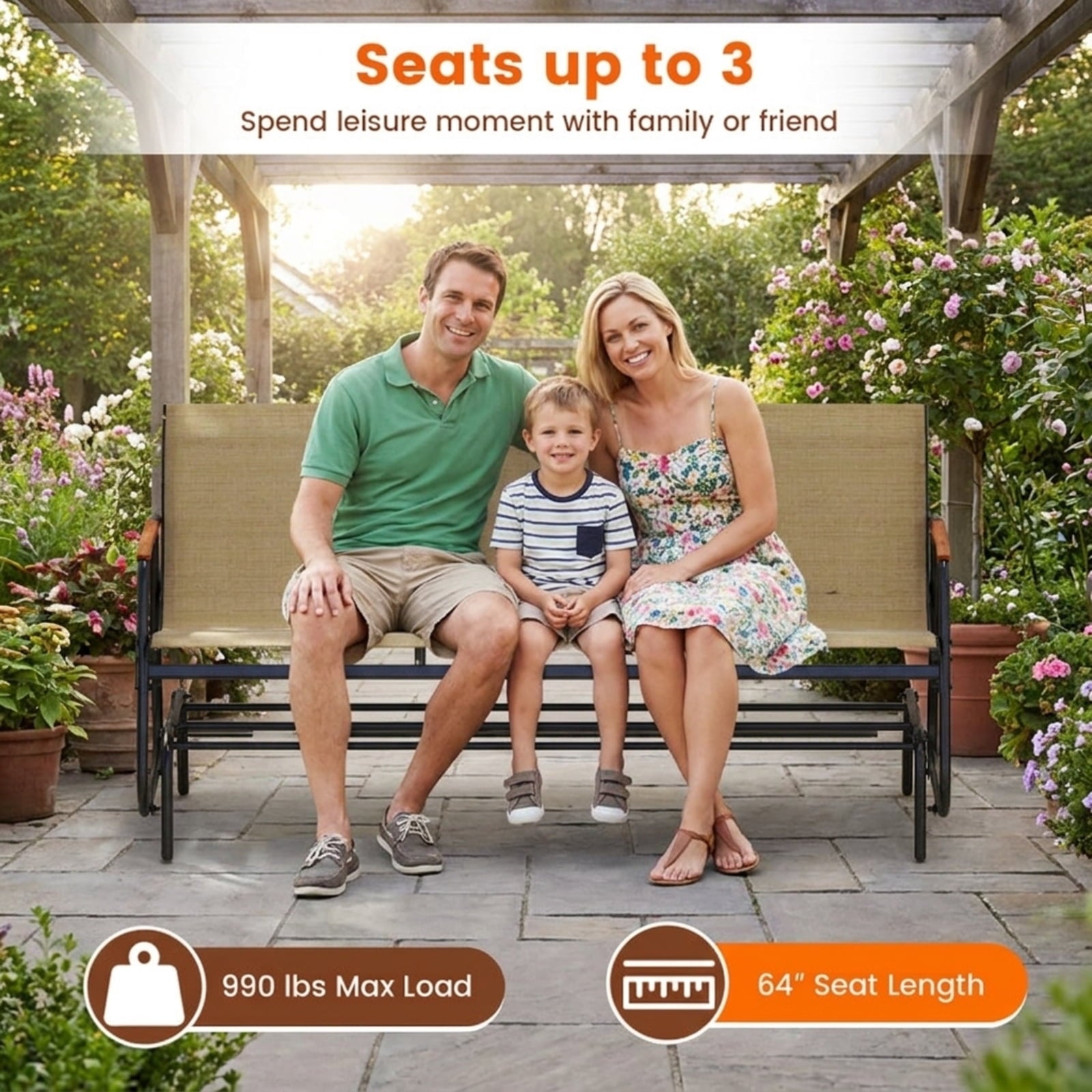 Biotree Patio Glider Bench with Curved Teak Armrests and Breathable Fabric Seat for 3 People Stackable Patio Chair for Garden BackyardBrown