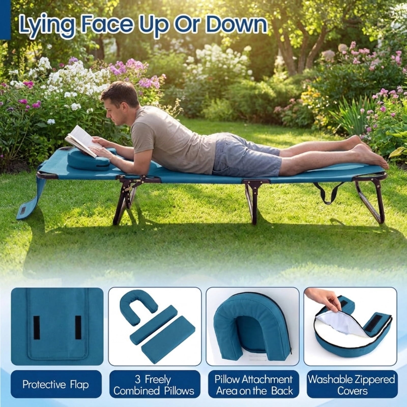 Biotree Beach Chaise Lounge Chair with Face Hole and Removable Pillow Stackable Patio Chair for Garden BackyardBlue
