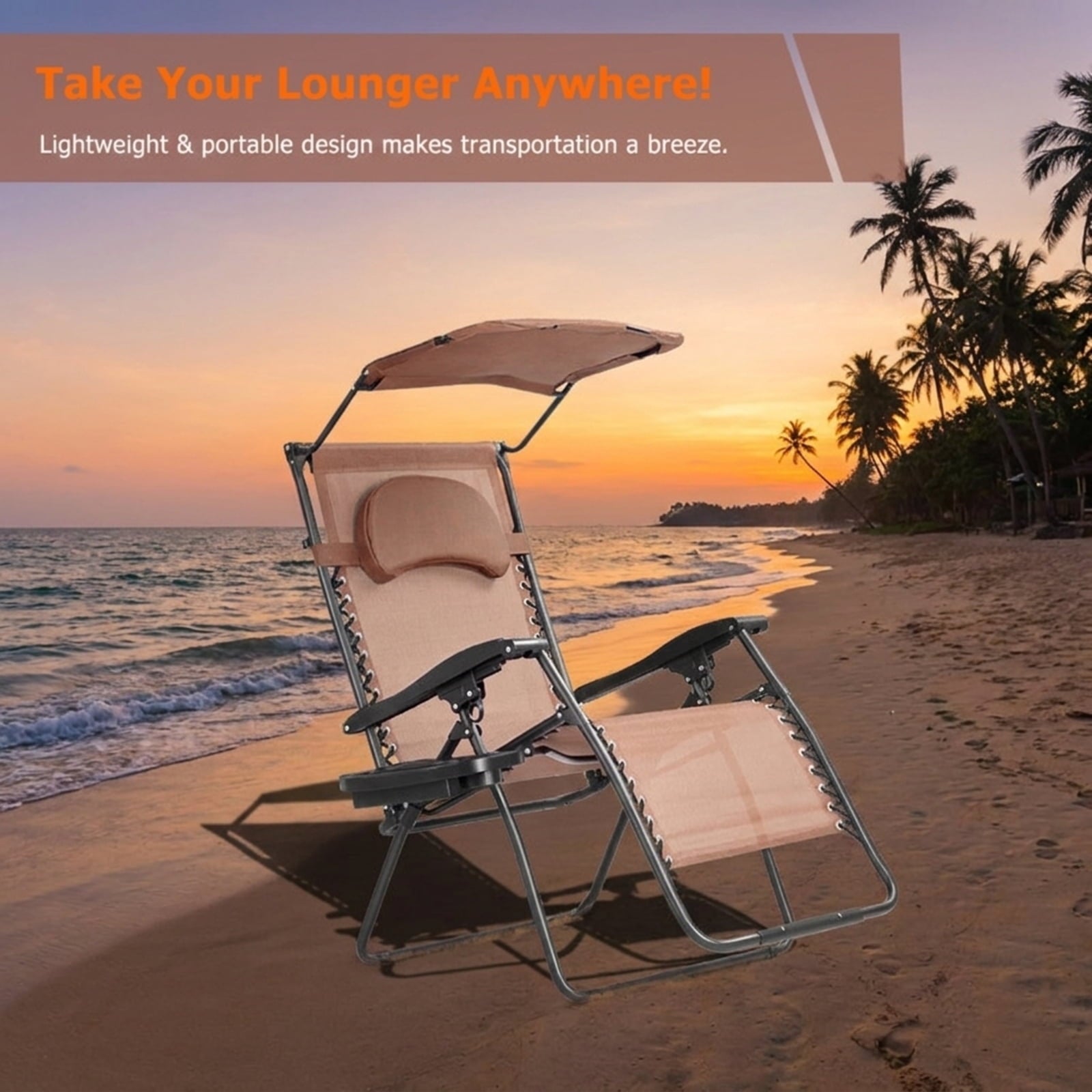 Biotree Folding Recliner Lounge Chair with Shade Canopy Cup Holder Stackable Patio Chair for Garden BackyardBrown