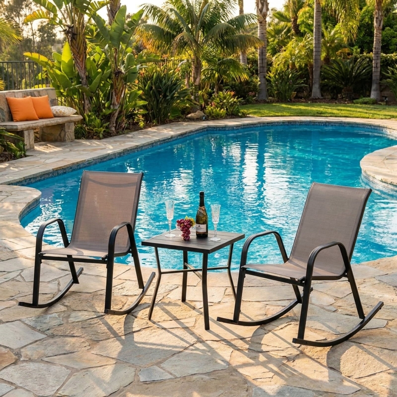 Biotree Set of 2 Heavy-Duty Metal Patio Rocking Chair with Breathable Seat Fabric Stackable Patio Chair for Garden BackyardBrown
