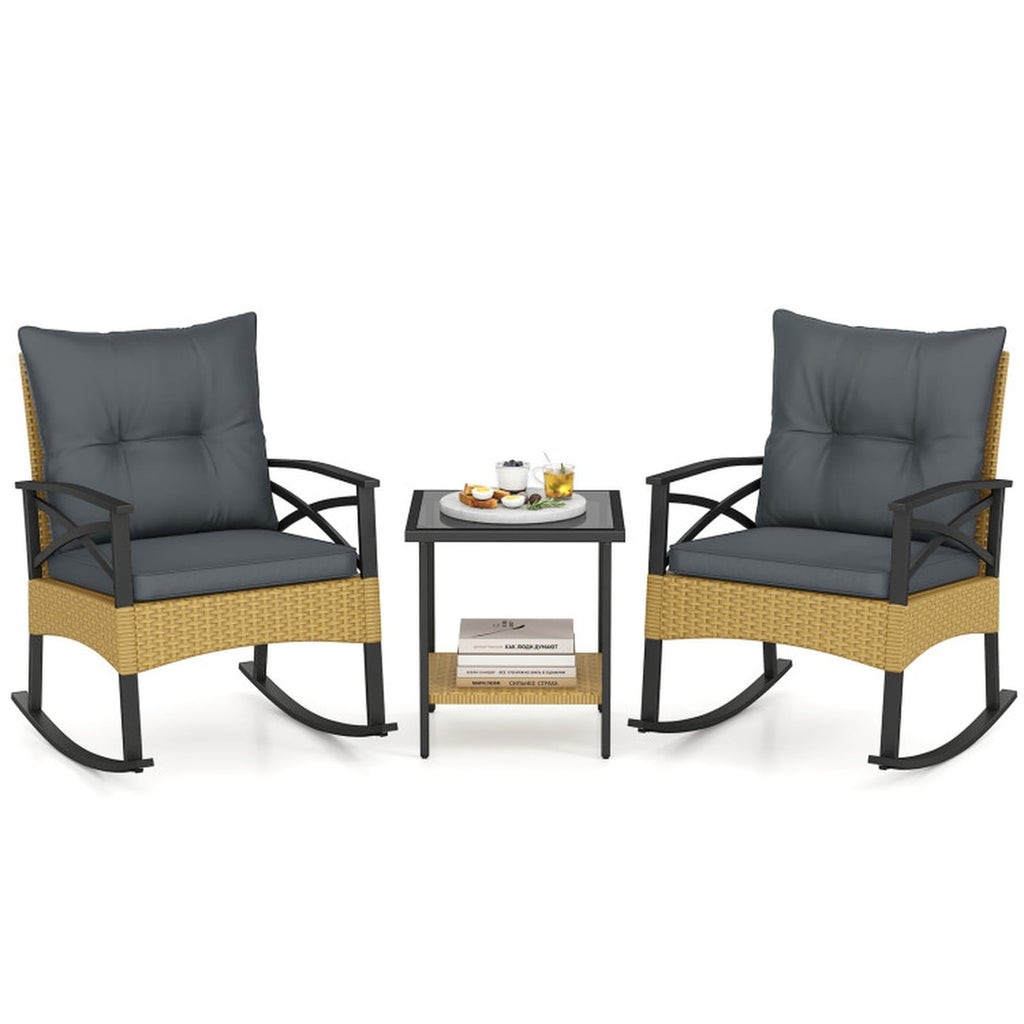 Biotree 3 Pieces Outdoor Rattan Rocking Chairs Set with 2-Tier Side Table for Garden Backyard Outdoor Conversation Set for Garden Backyard PorchGray