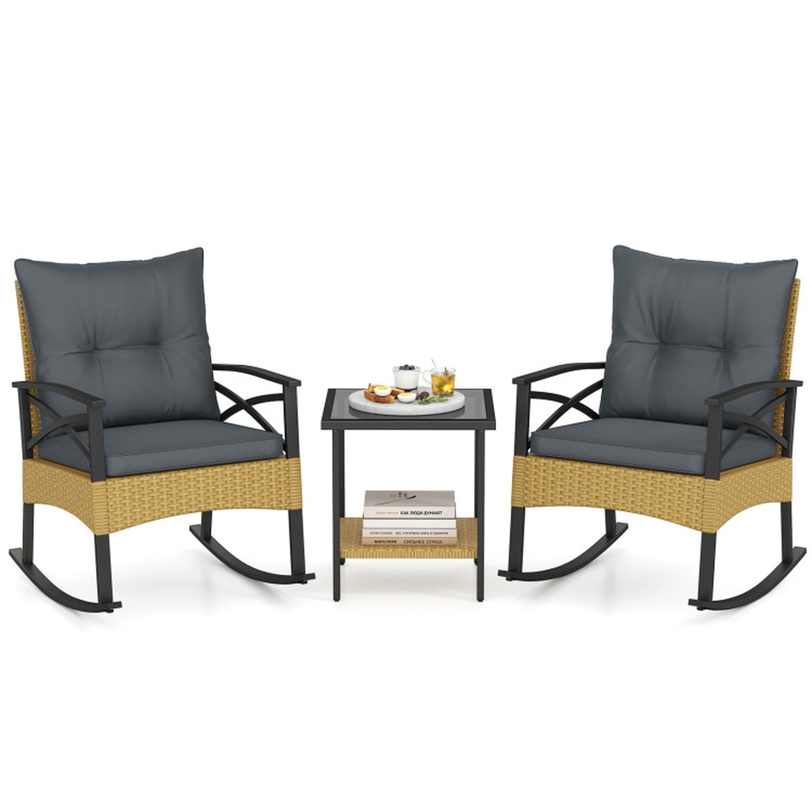 Biotree 3 Pieces Outdoor Rattan Rocking Chairs Set with 2-Tier Side Table for Garden Backyard Outdoor Conversation Set for Garden Backyard PorchGray