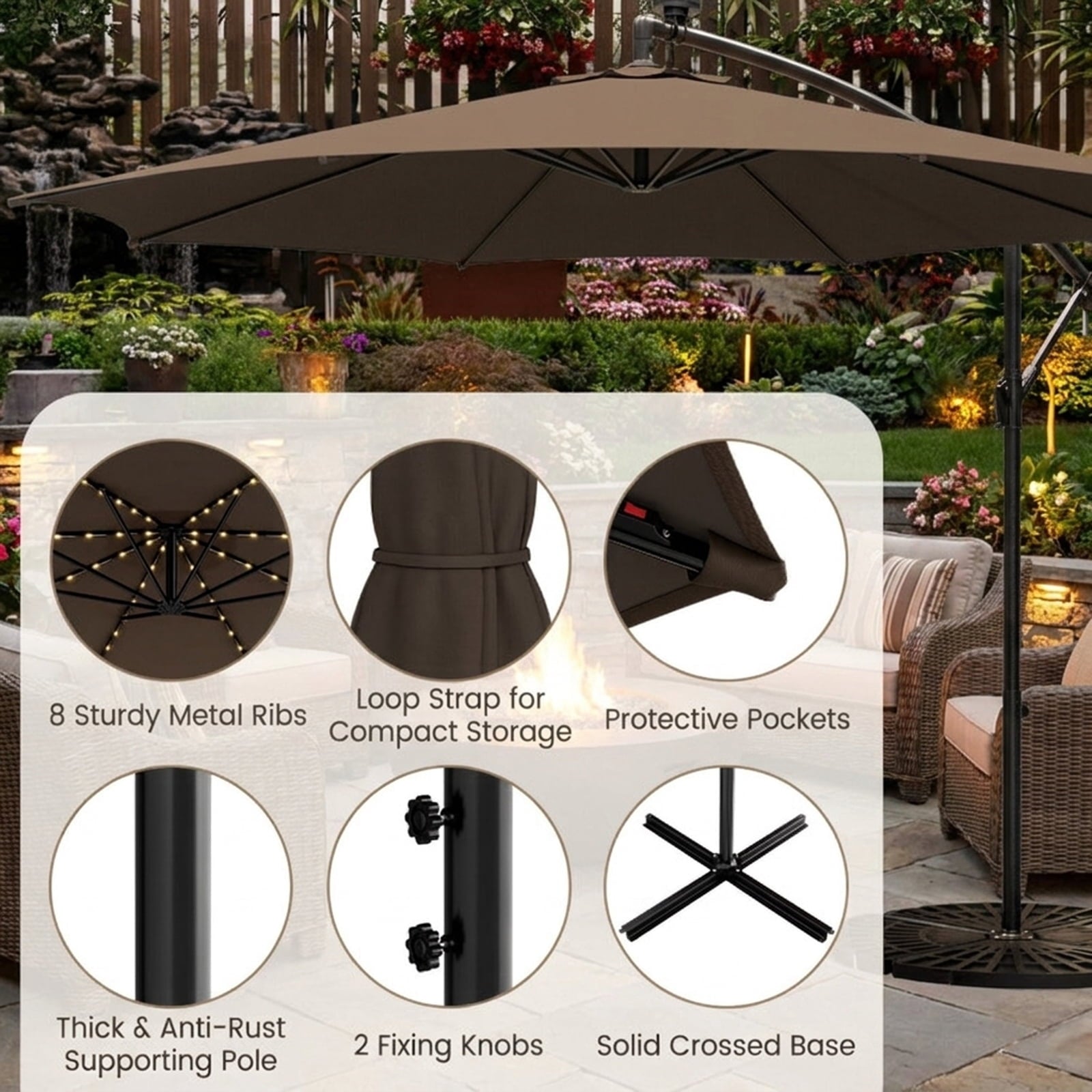 Biotree 10 ft Cantilever Offset Patio Umbrella Solar LED Lights Outdoor Shade - Brown - UV Protection