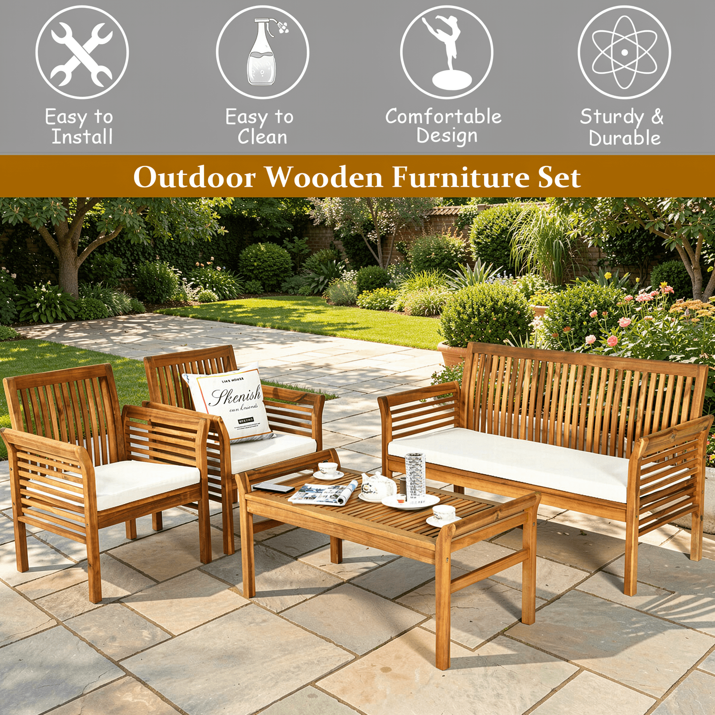 Biotree 4-Piece Outdoor Acacia Wood Sofa Set with Cushions