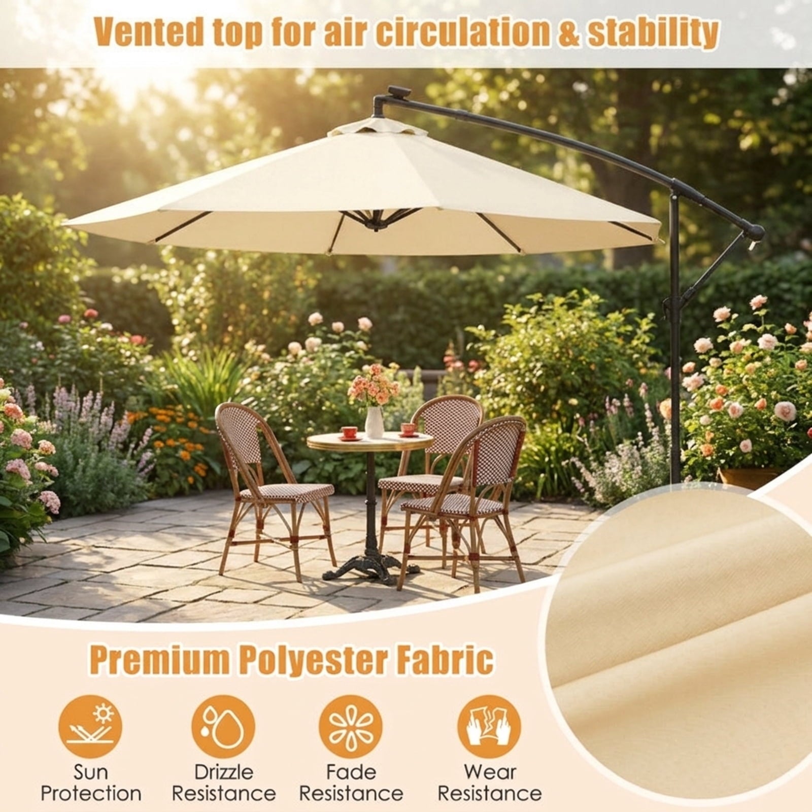 Biotree 10 ft Solar Offset Hanging Umbrella with 40 LED Lights Cross Base and 180G Polyester Canopy for Deck Garden Backyard - Tan