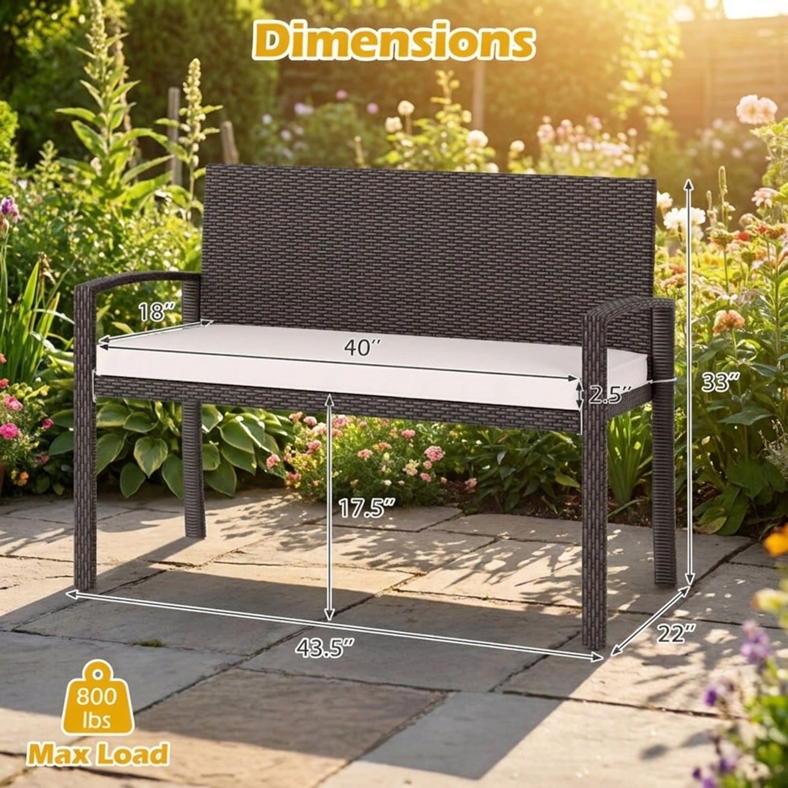 Biotree Wicker 2-Seat Bench with Soft Seat Cushion and Metal Frame Stackable Patio Chair for Garden BackyardWhite