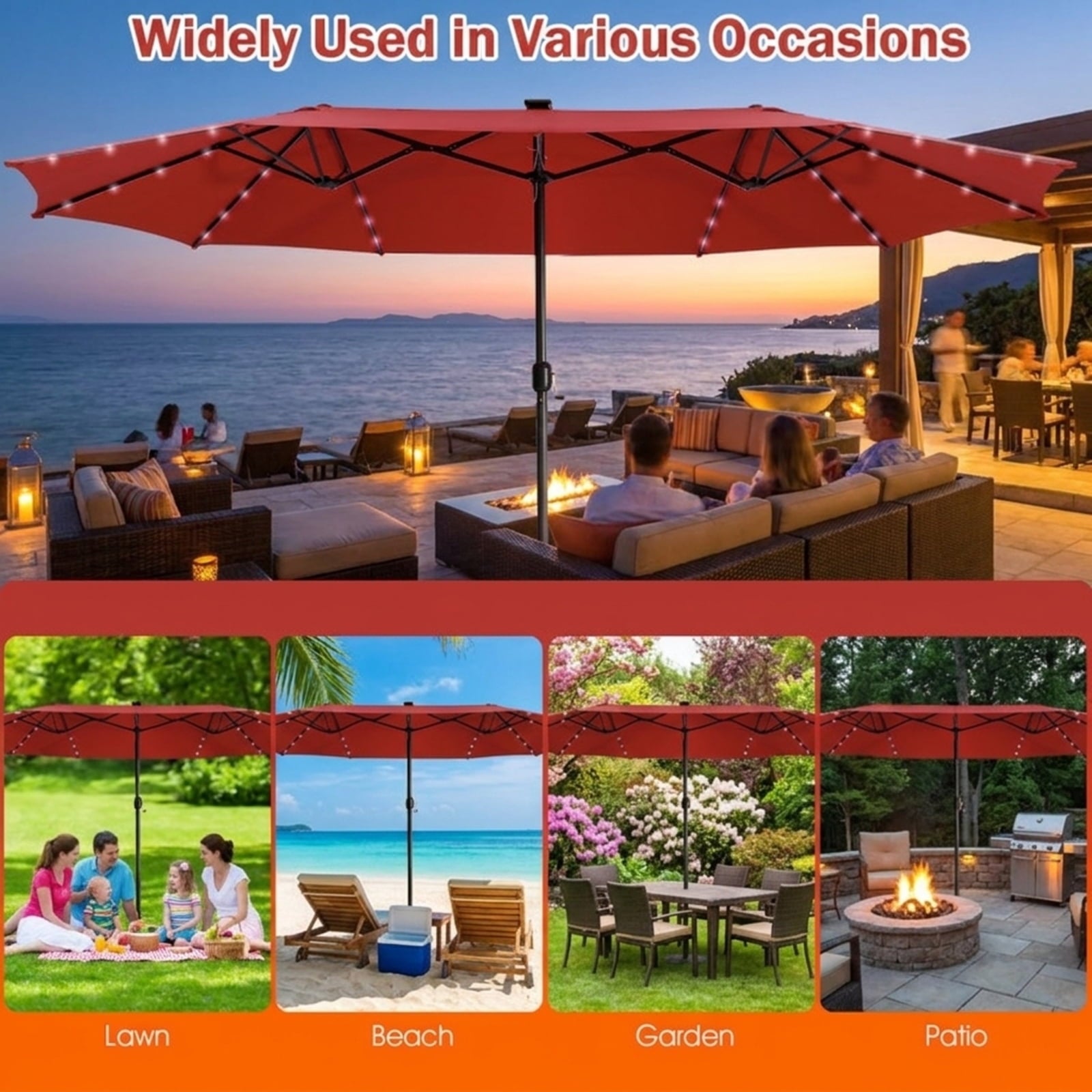 Biotree 15 FT Patio Umbrella, Twin Patio Umbrella with 48 Solar LED Lights for Patio Garden Backyard Pool, Dark Red