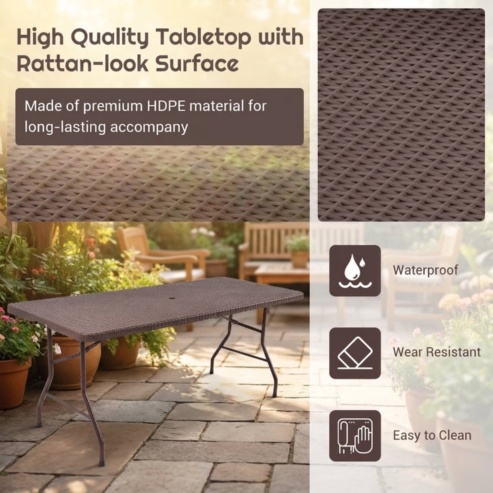 Biotree 6 Feet Folding Portable Rattan Table with Carrying Handle, Brown