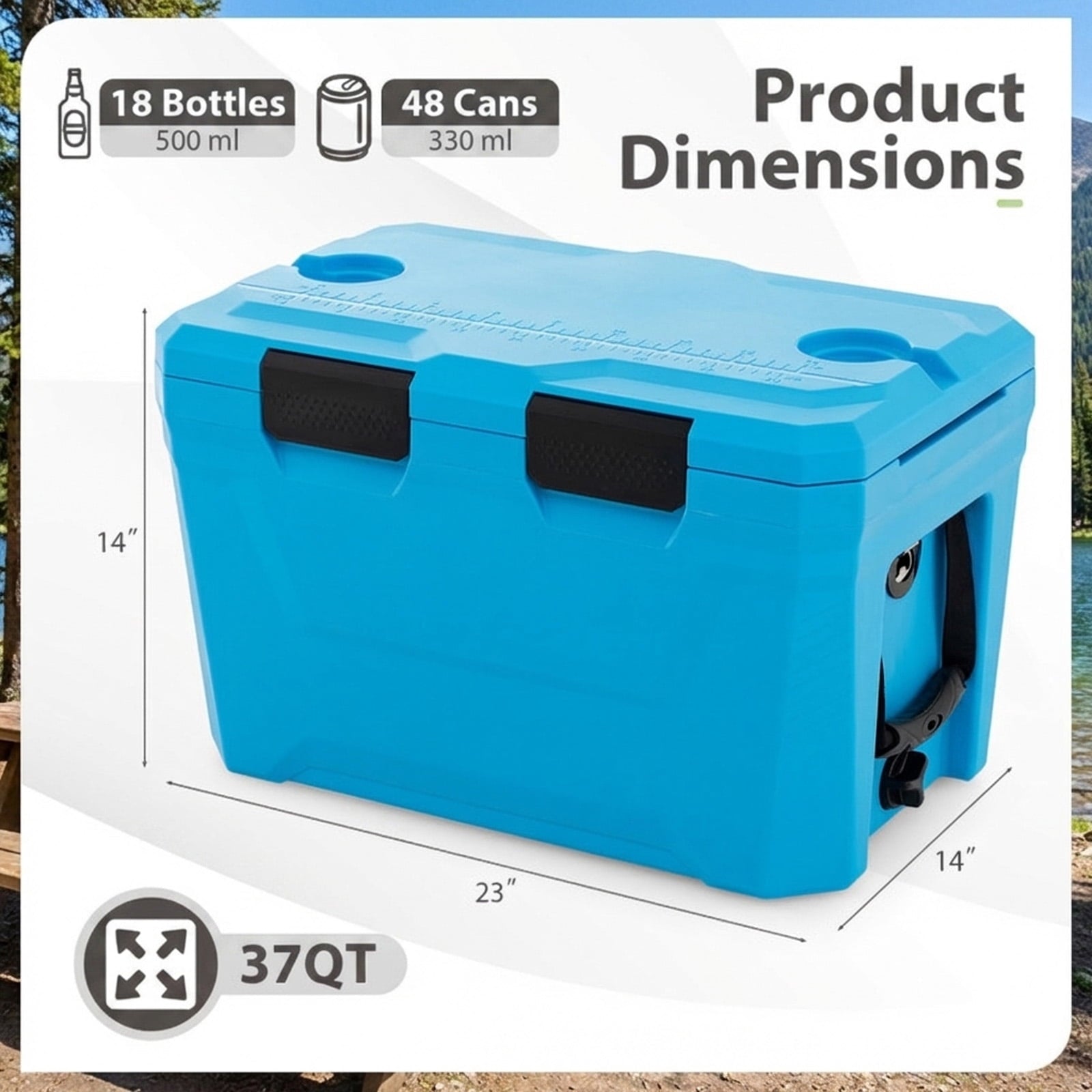 Biotree Insulated Portable Cooler Hard Shell Ice Chest with 2 Cup Holders Bottle Opener and Drain Plug, 37 Qt, Blue