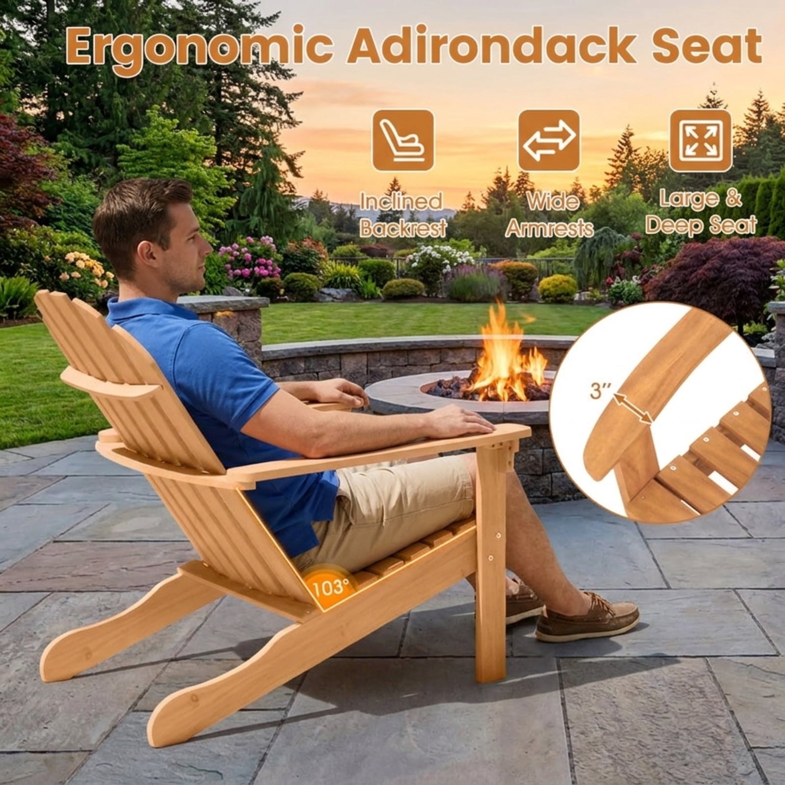 Biotree Acacia Wood Outdoor Adirondack Chair with Ergonomic Design Stackable Patio Chair for Garden BackyardNatural