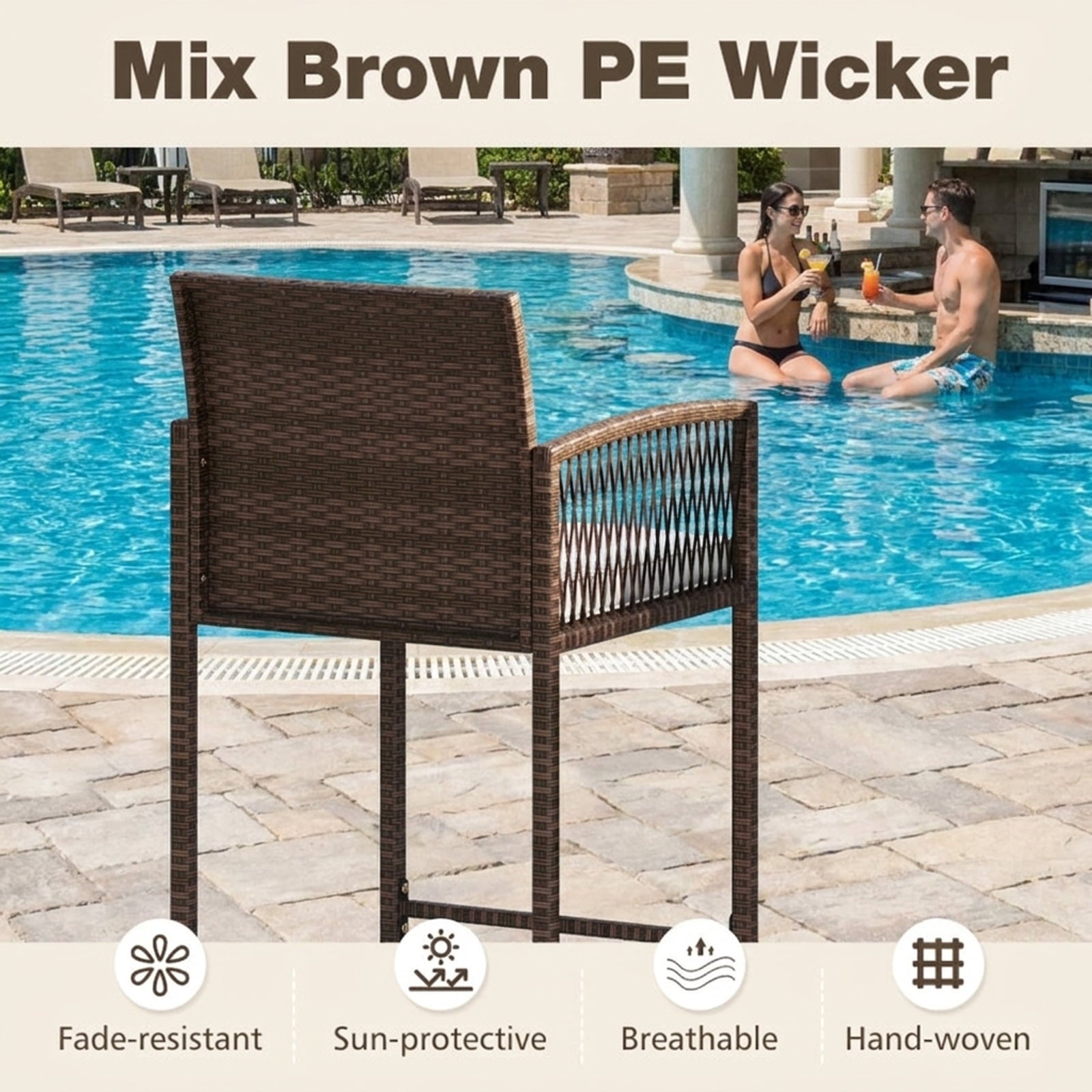 Biotree Set of 2 Outdoor PE Rattan Bar Stools with Cushioned Seats, Brown/White - Outdoor Patio Bar Height Chair with Footrest