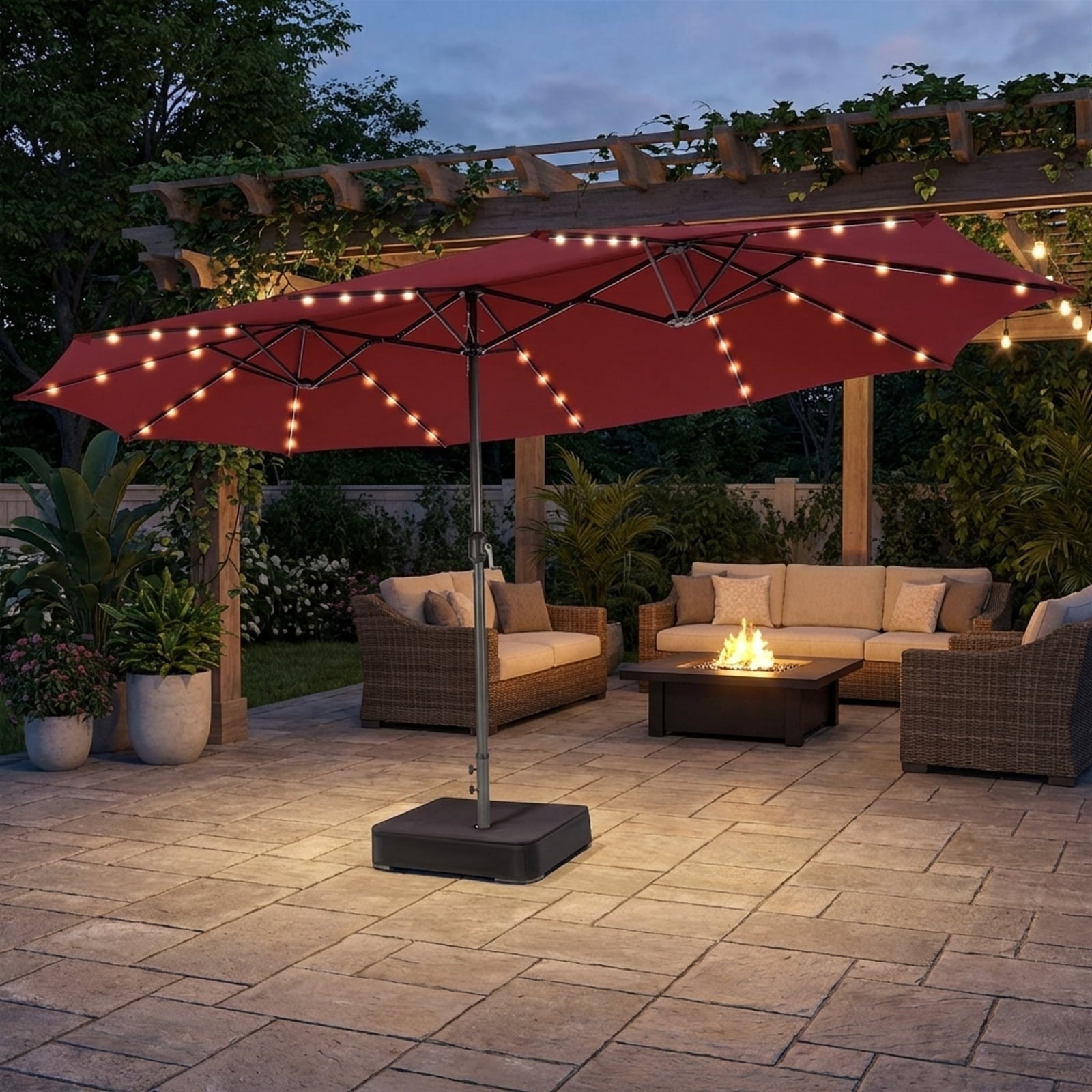 Biotree 15 Feet Double-Sided Patio Umbrella with 48 LED Lights-Dark Red Outdoor Backyard Deck Garden