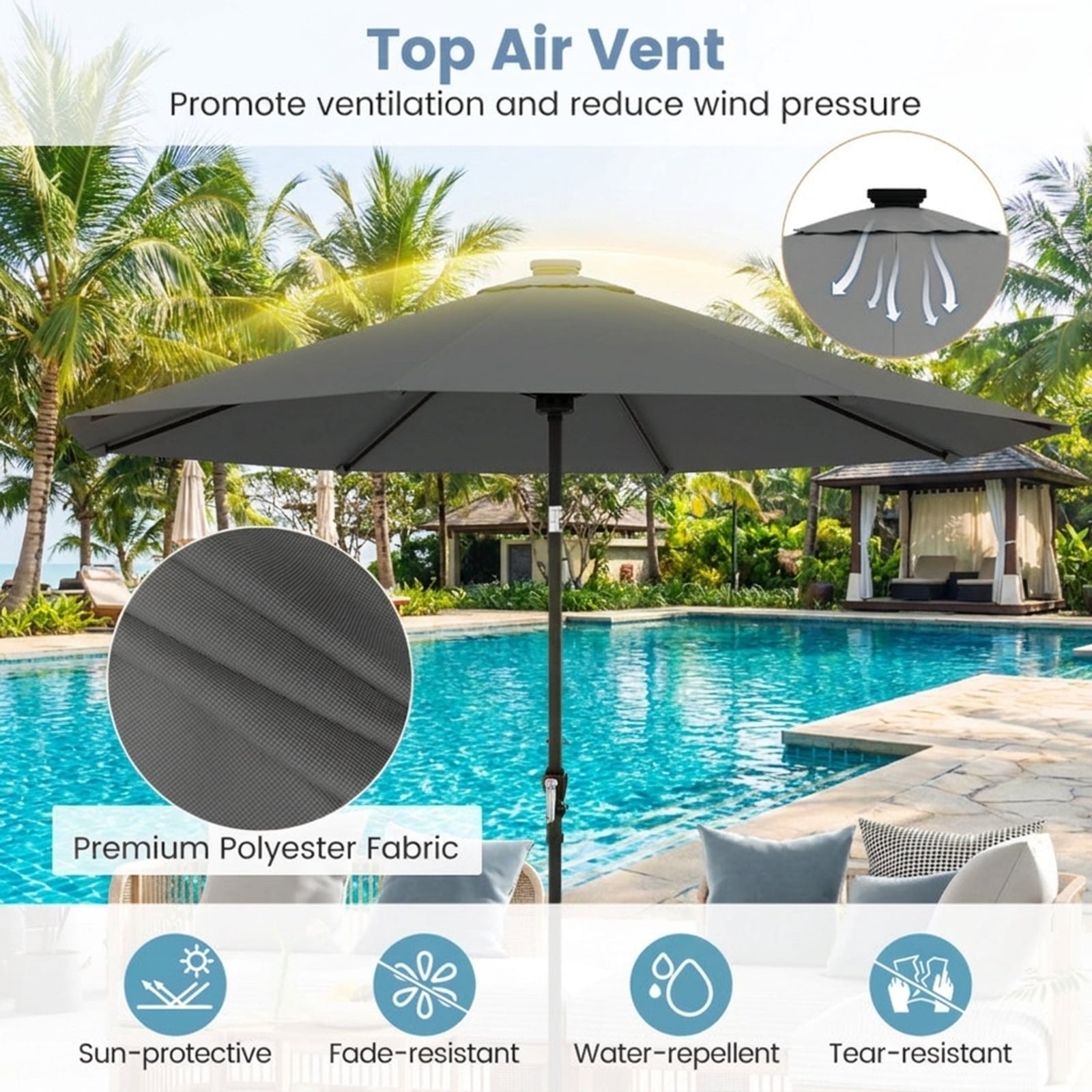 Biotree 10 ft Market Patio Umbrella with Crank and Tilt, 8 Sturdy Ribs, Vented Canopy - Gray for Backyard