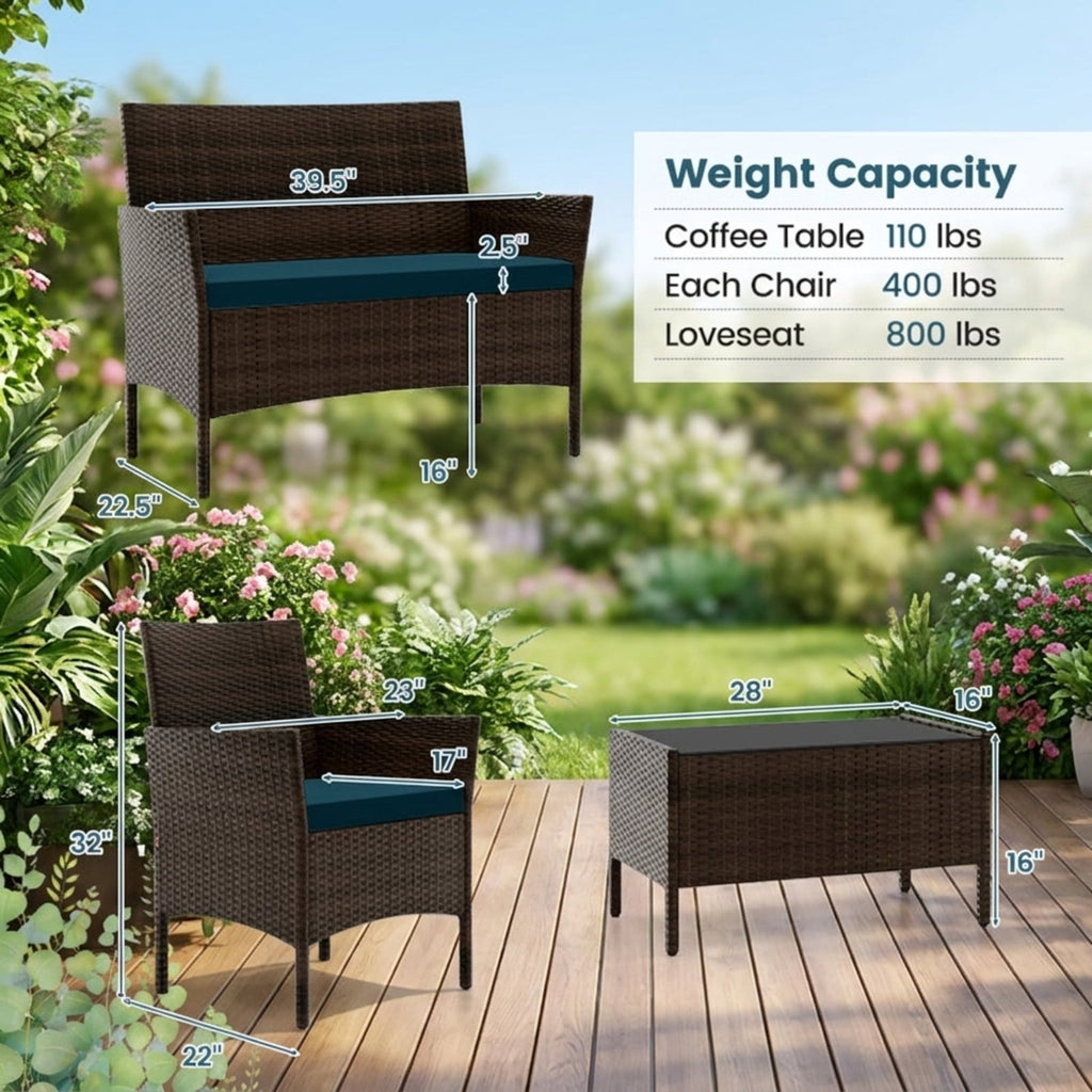 Biotree 4 Piece Patio Rattan Conversation Set with Cozy Seat Cushions Outdoor Conversation Set for Garden Backyard PorchPeacock Blue